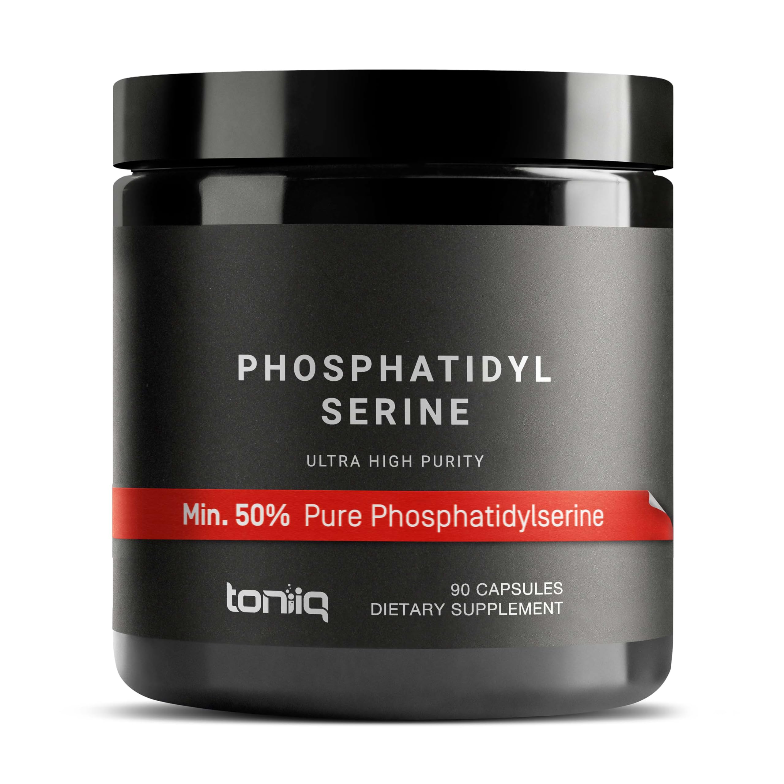 Toniiq phosphatidylserine bottle highlighting 50%+ purity for potent daily use