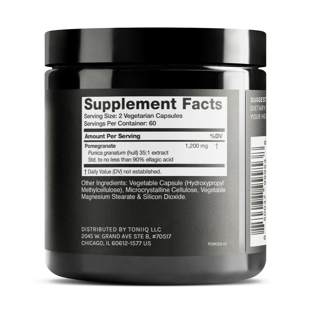 Toniiq Pomegranate Extract capsules close-up emphasizes easy daily dosing.