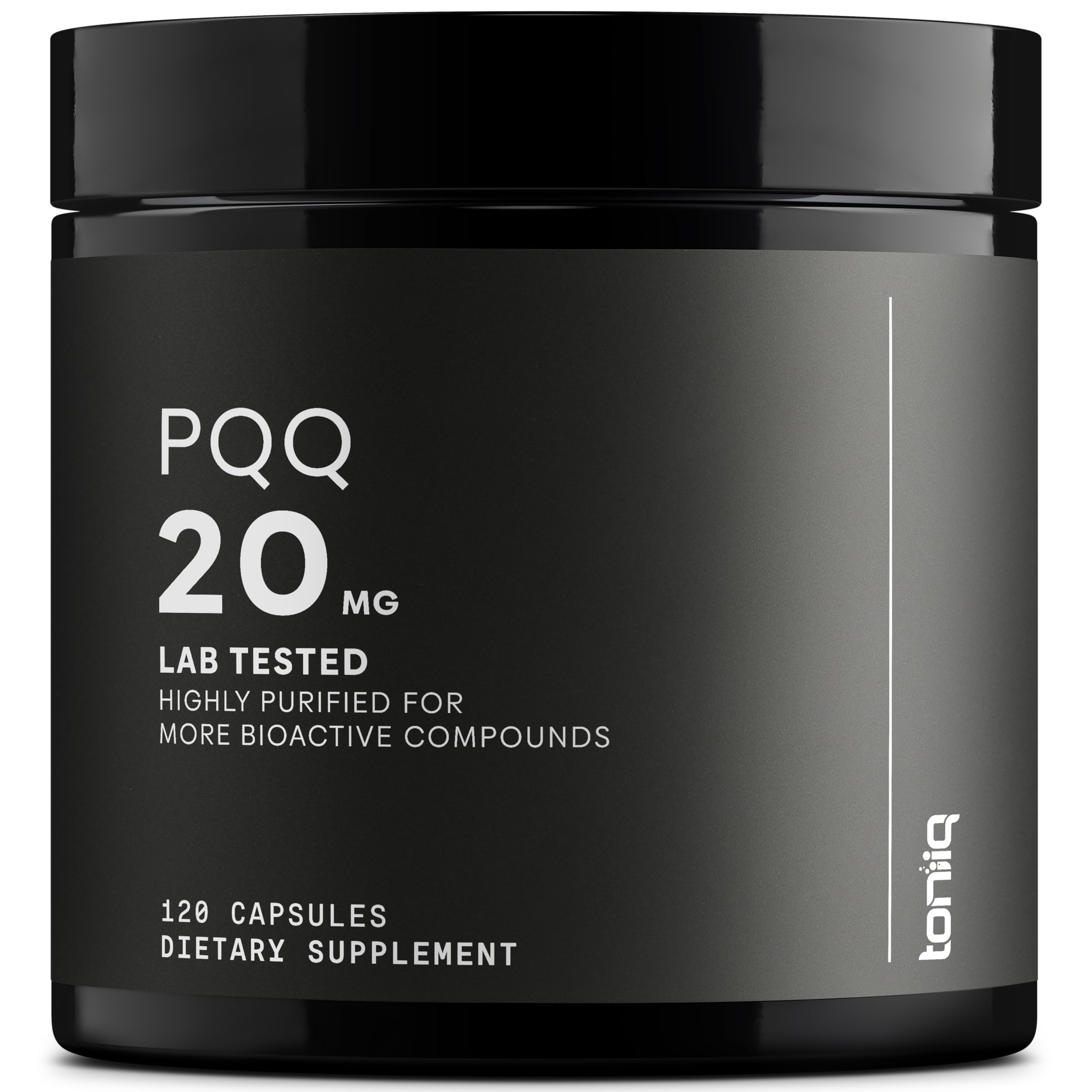 Toniiq PQQ 20 mg capsule on label highlighting purity and dosage.
