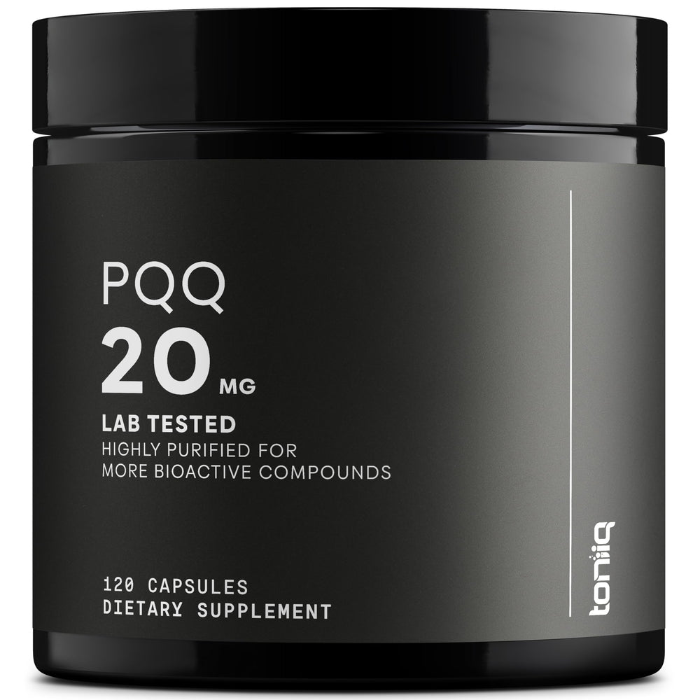 Toniiq PQQ 20 mg capsule on label highlighting purity and dosage.