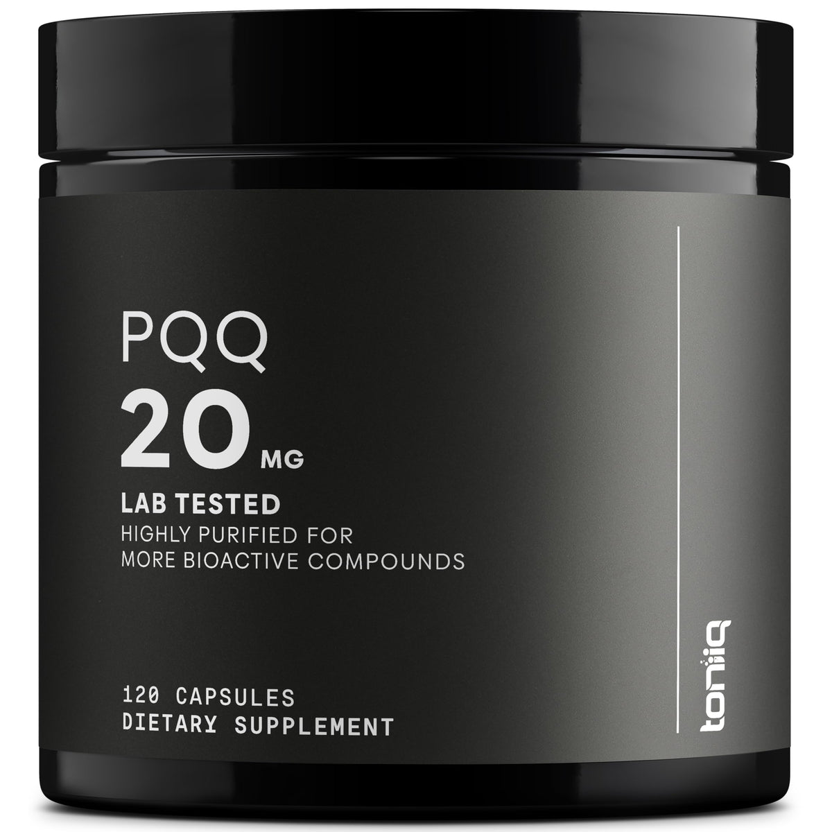 Toniiq PQQ 20 mg capsule on label highlighting purity and dosage.