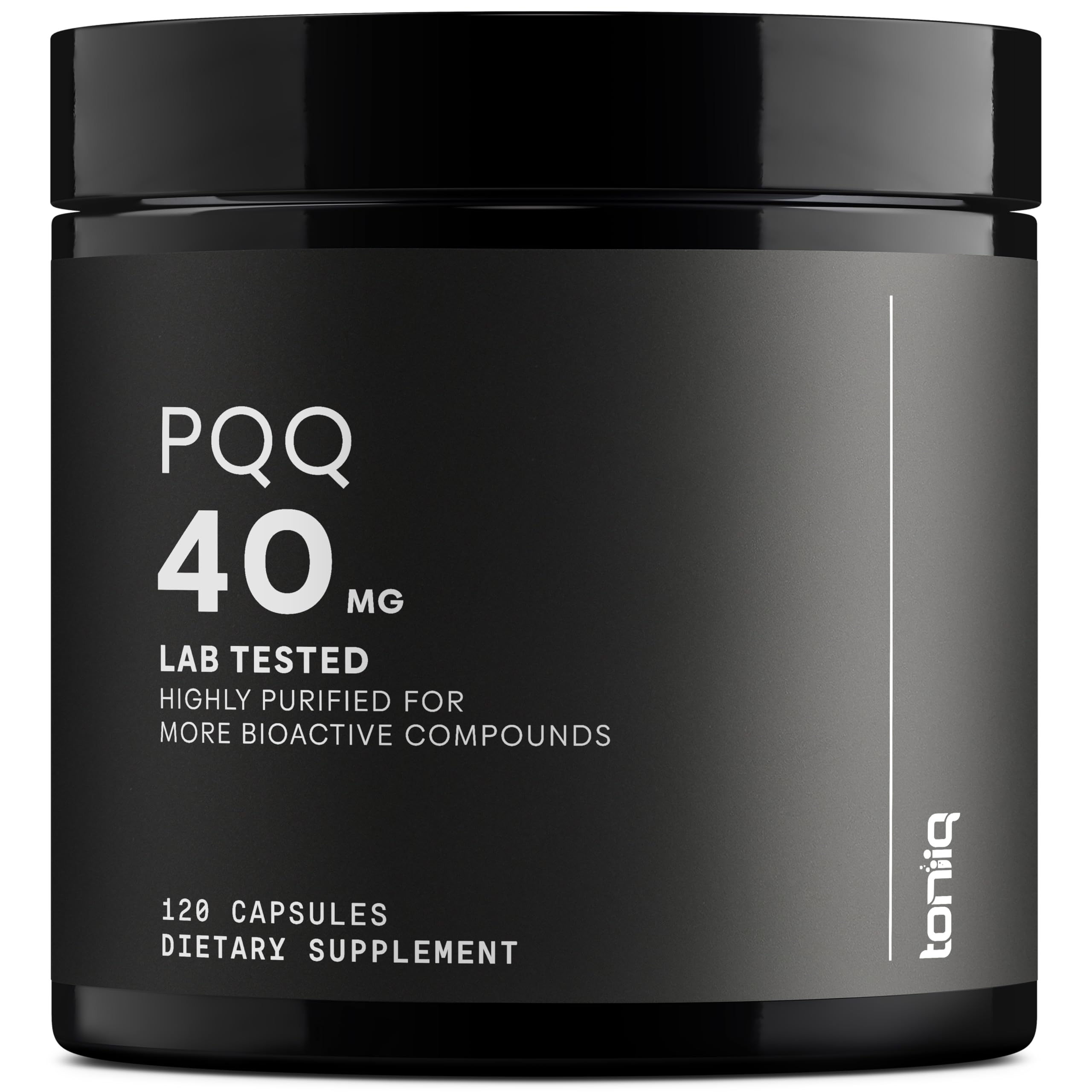 Toniiq PQQ 40mg capsules bottle showing premium, ultra-pure formula for daily support