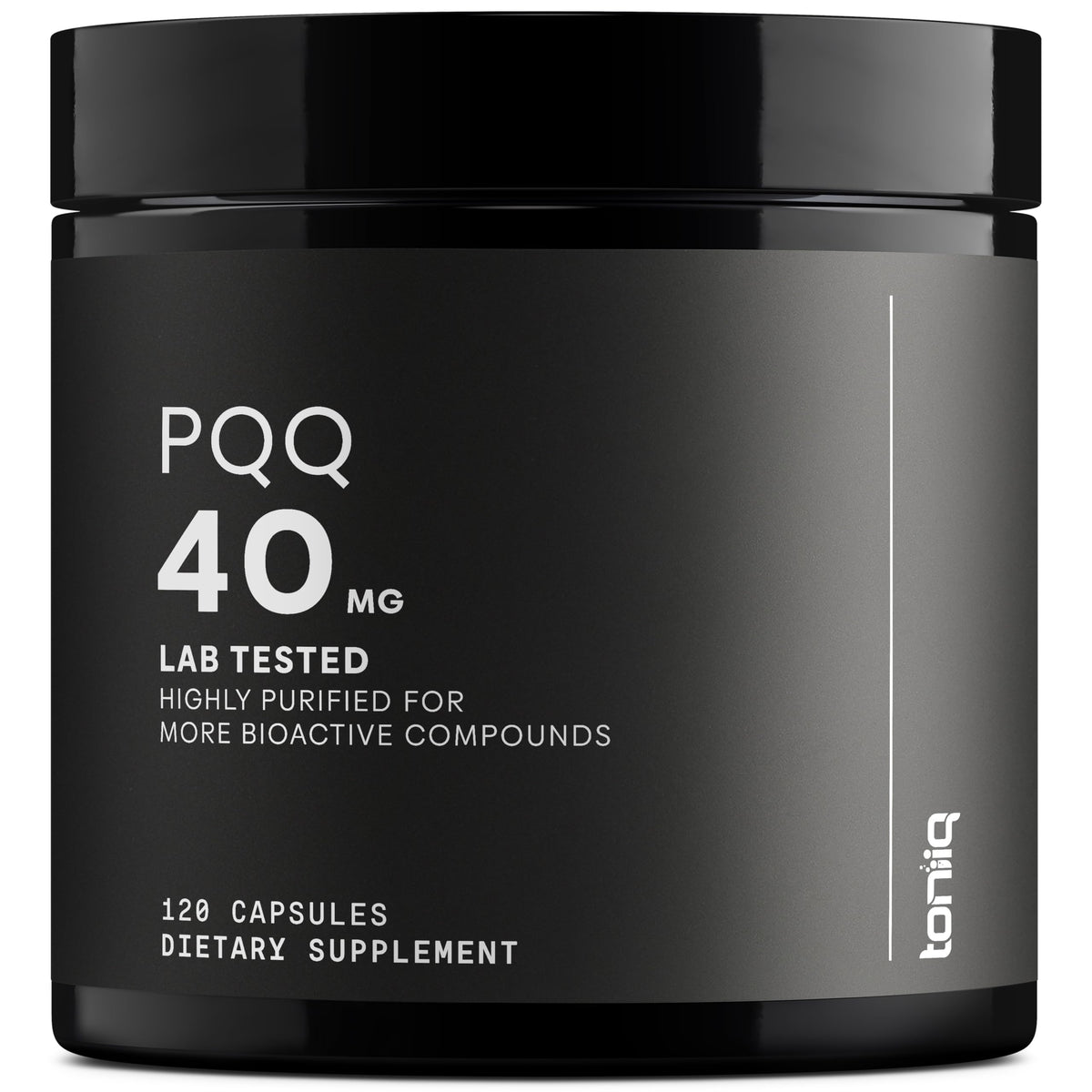 Toniiq PQQ 40mg capsules bottle showing premium, ultra-pure formula for daily support