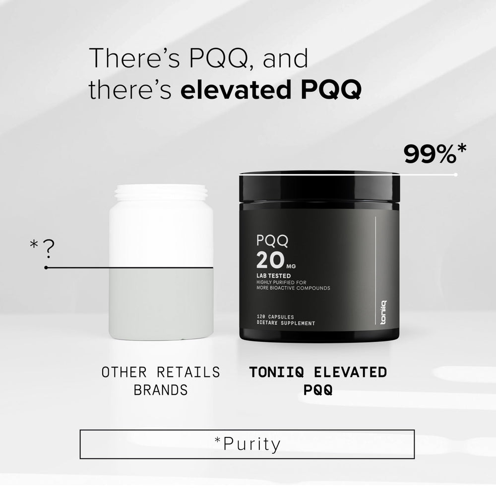 Brand seal showing 99%+ purity and clean ingredients for Toniiq PQQ.