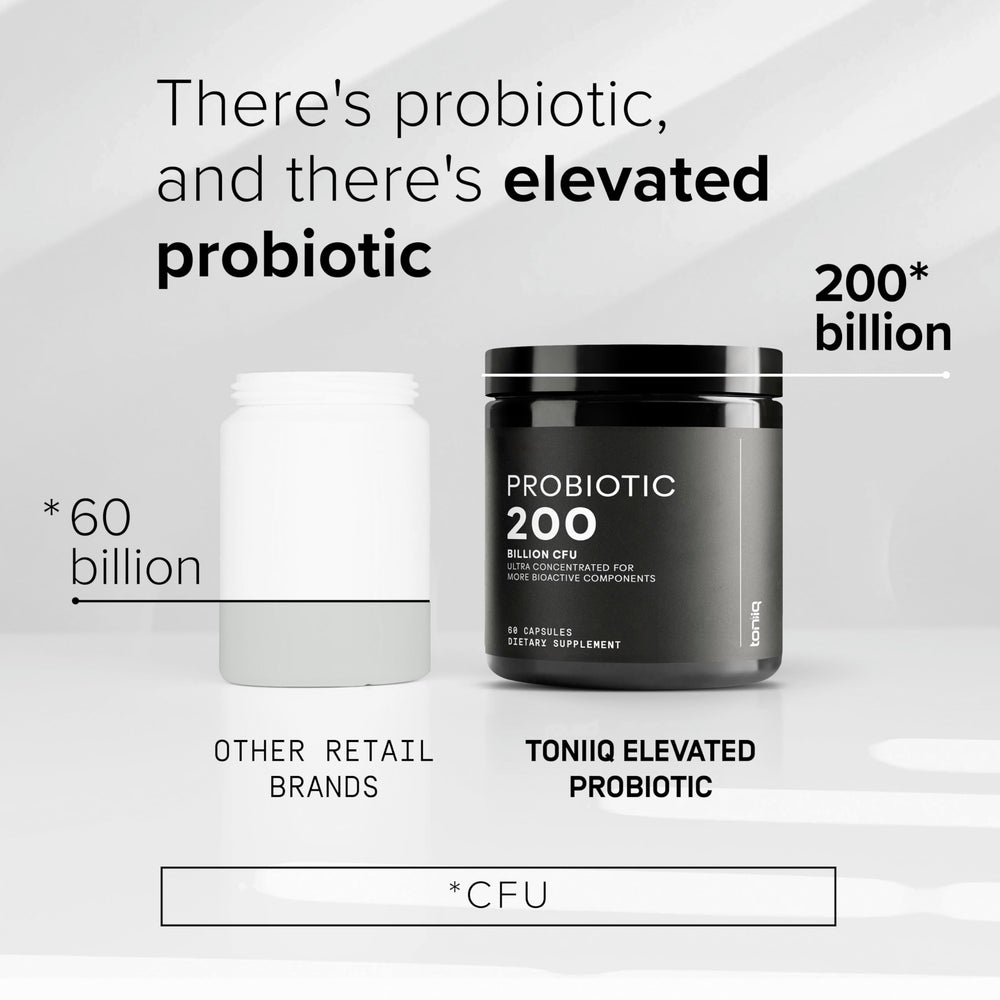 Toniiq 30-strains graphic illustrating broad-spectrum probiotic options.