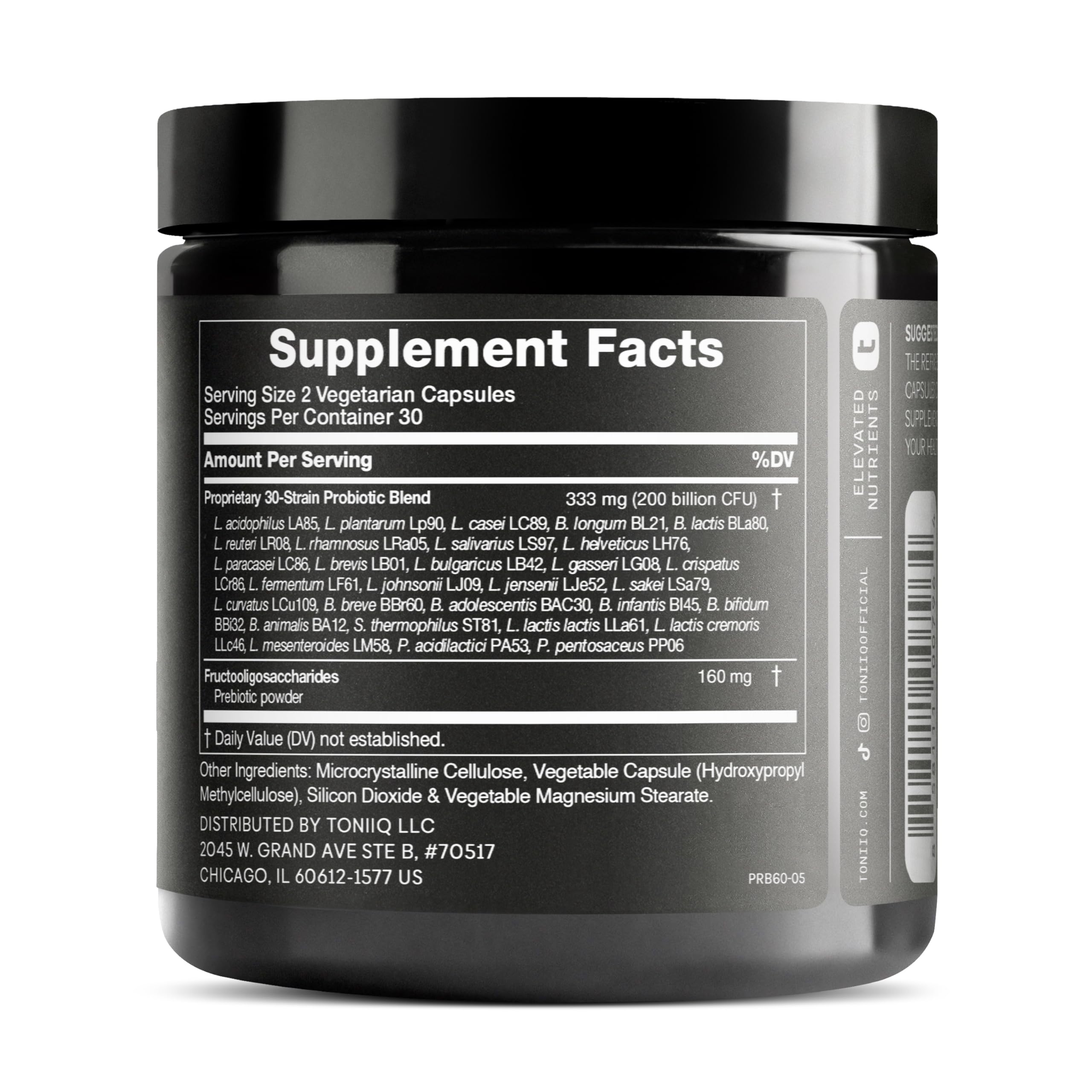 Toniiq probiotic capsules closeup highlighting potency for daily support.
