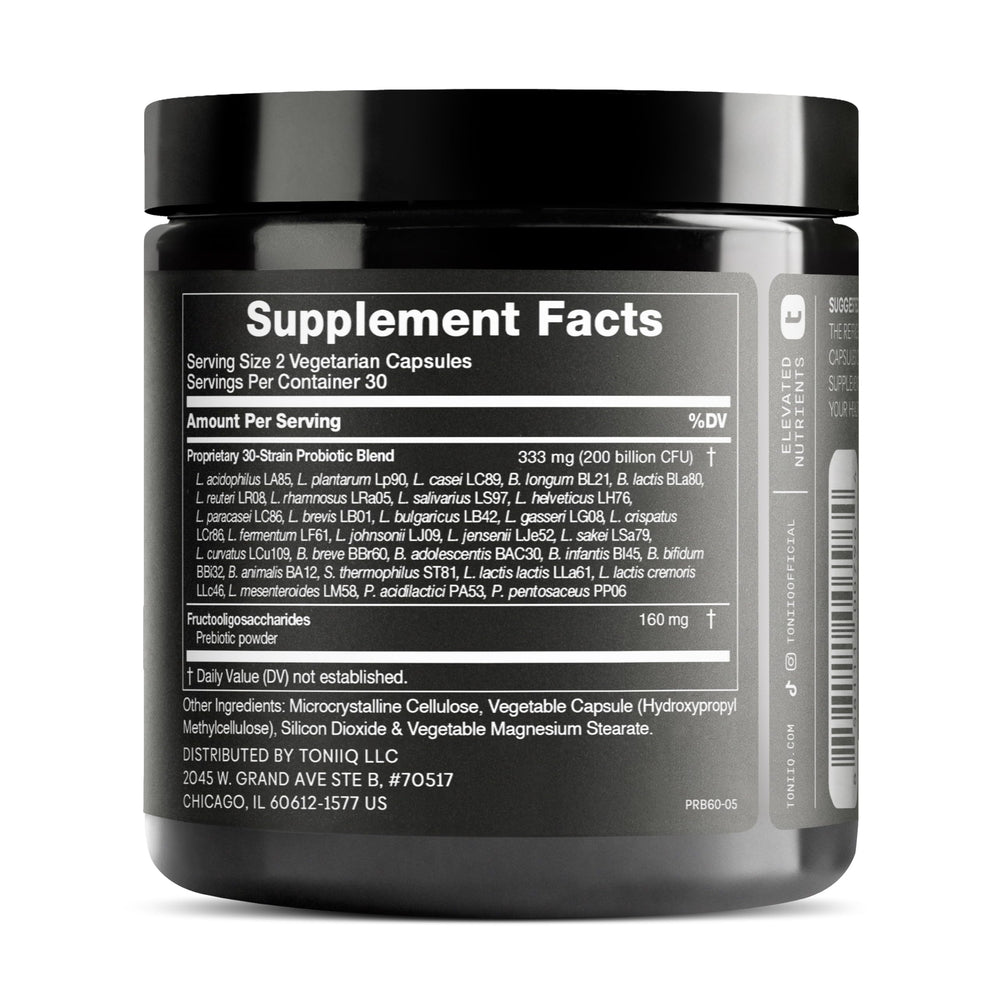 Toniiq probiotic capsules closeup highlighting potency for daily support.