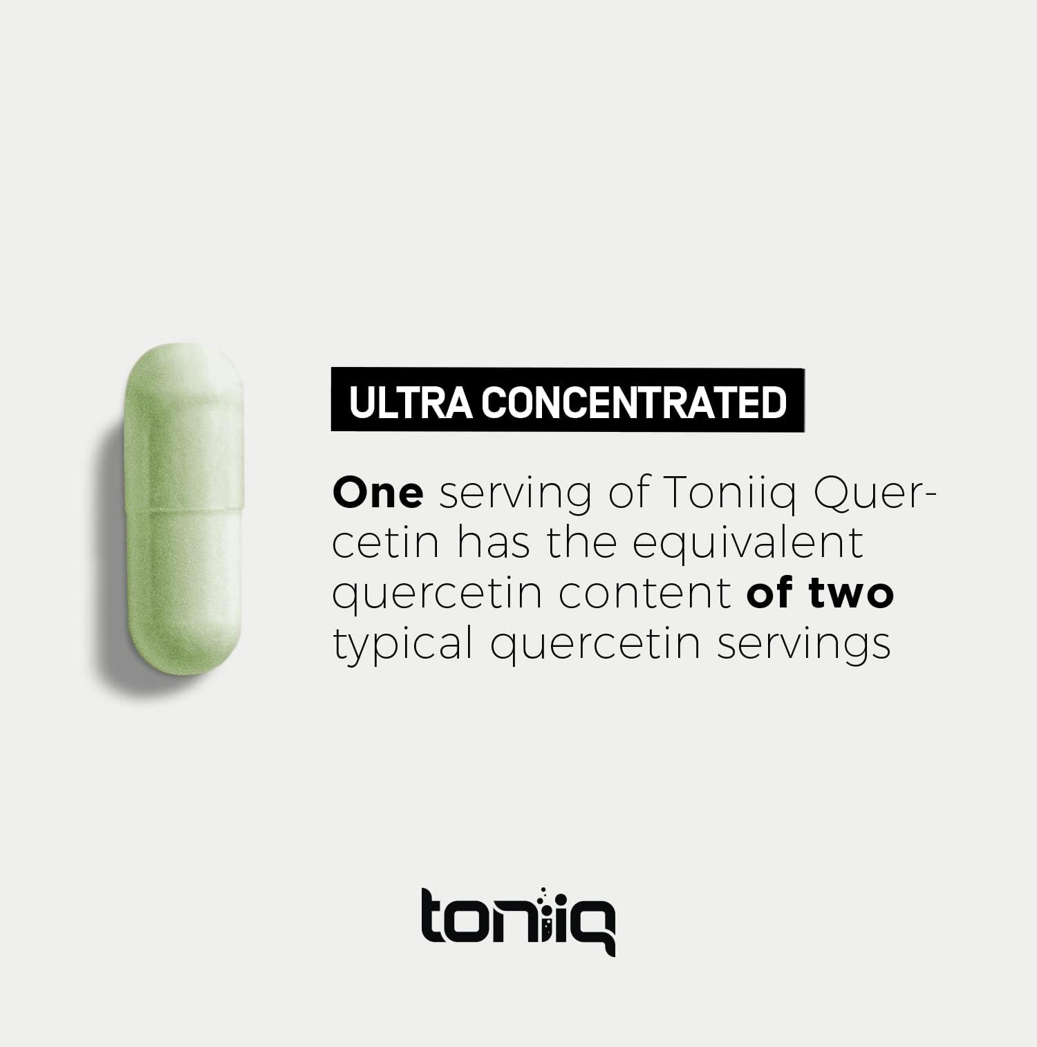 Toniiq Quercetin bottle and label, GMP-certified manufacturing assurance.