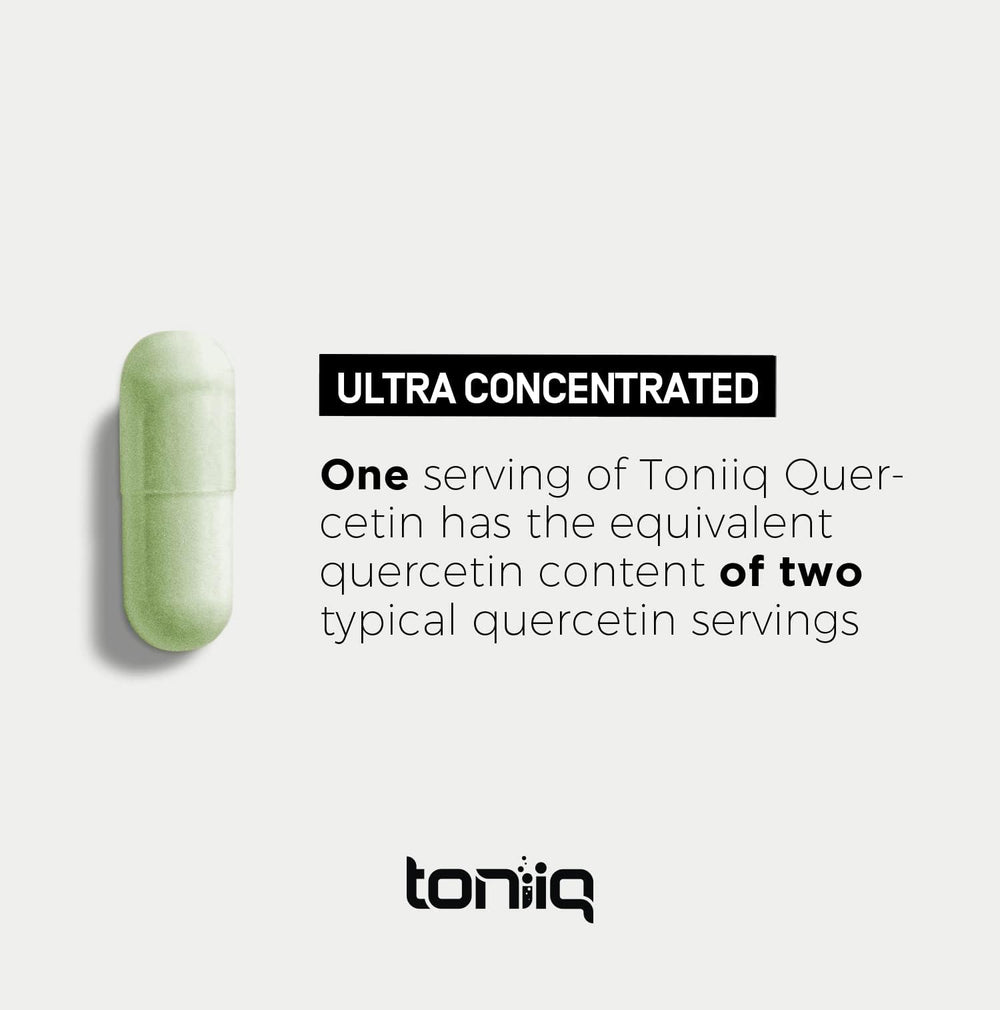 Toniiq Quercetin bottle and label, GMP-certified manufacturing assurance.