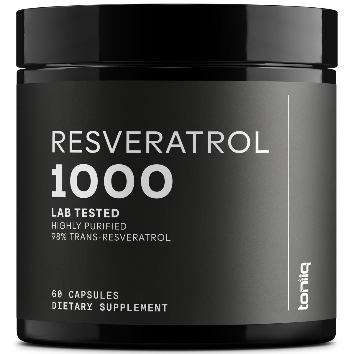 Toniiq Resveratrol 1000mg capsules closeup, emphasizing premium purity and clear labeling.
