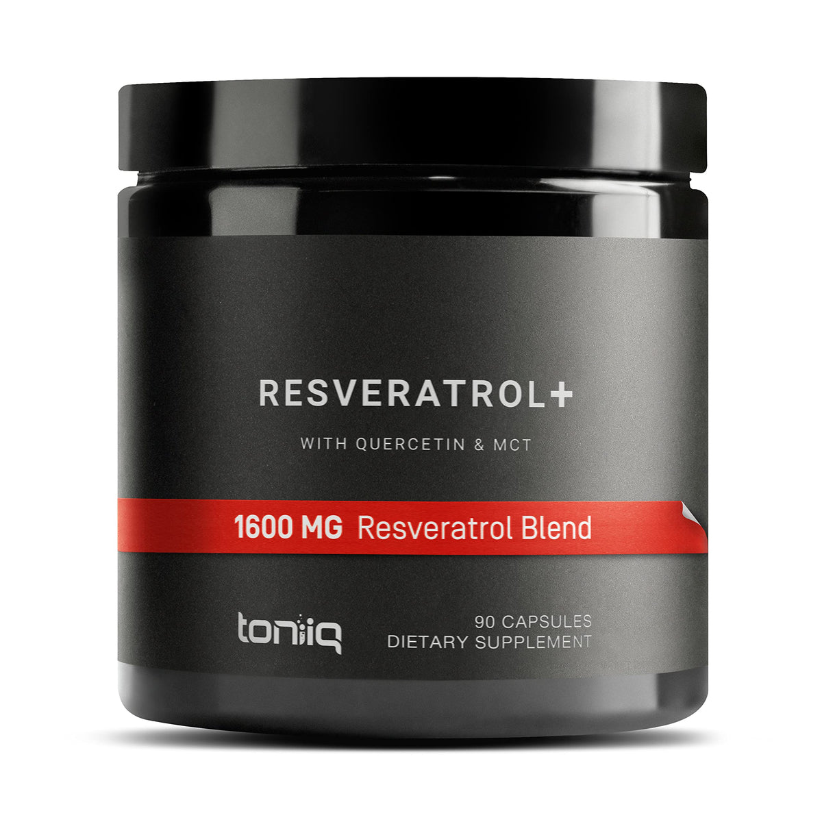 Toniiq 1600mg Resveratrol Blend bottle with MCT oil close-up for enhanced absorption.