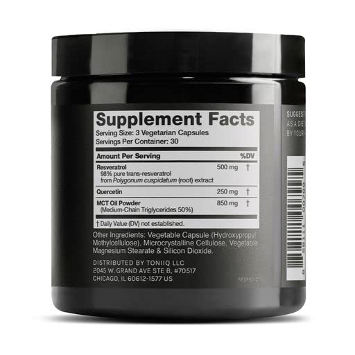 Toniiq Resveratrol Blend capsules with a glass of water for easy daily use.