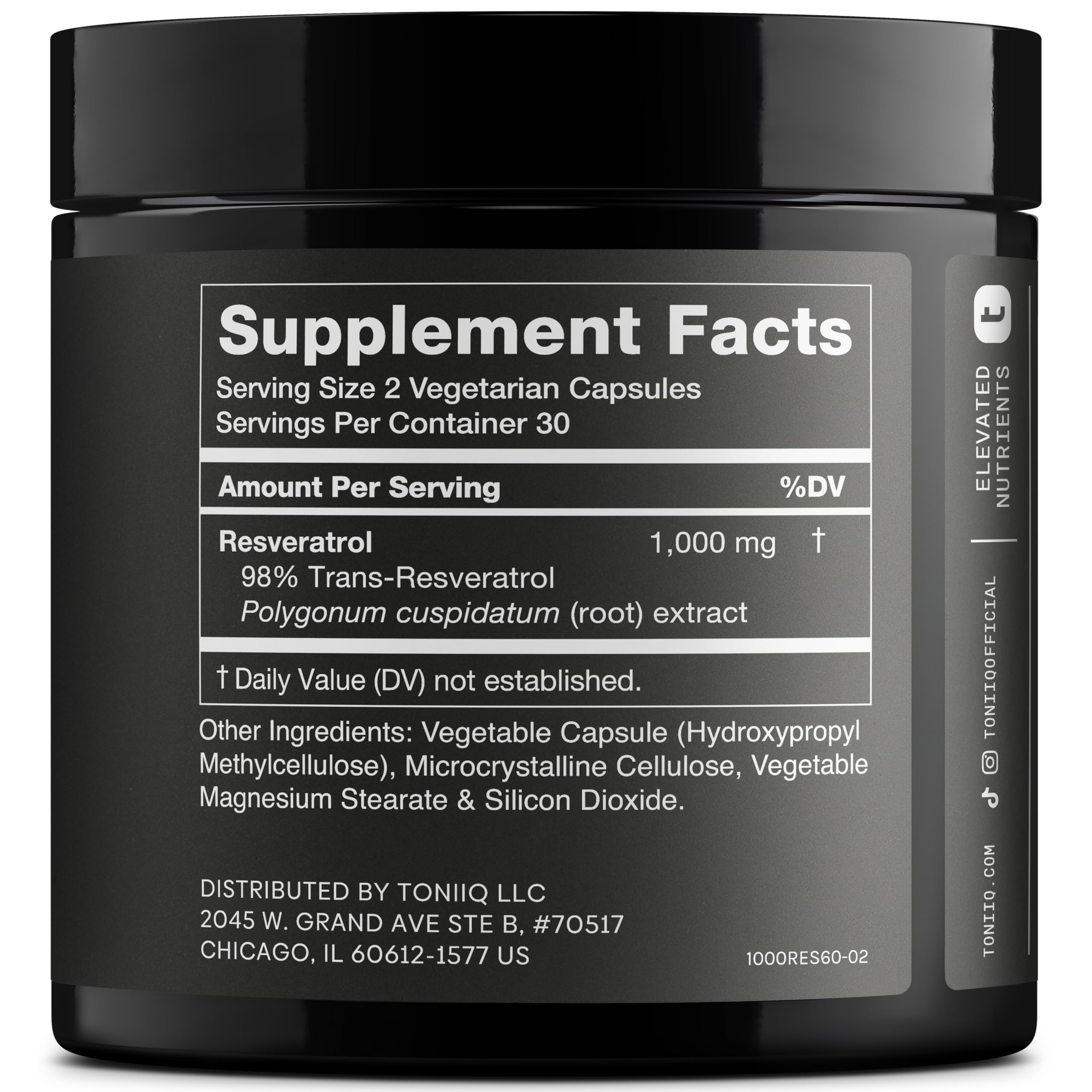 Toniiq Resveratrol bottle from the front, ideal for a simple daily routine.