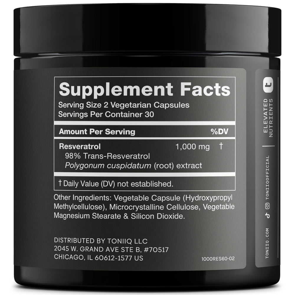 Toniiq Resveratrol bottle from the front, ideal for a simple daily routine.