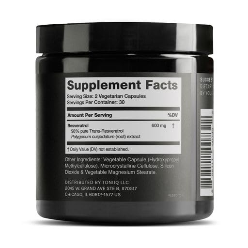 Toniiq Resveratrol capsules closeup highlights 600 mg per serving and high purity