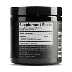Toniiq Resveratrol capsules closeup highlights 600 mg per serving and high purity