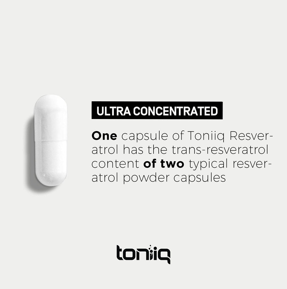 Toniiq resveratrol capsules close-up label highlighting 98 percent purity