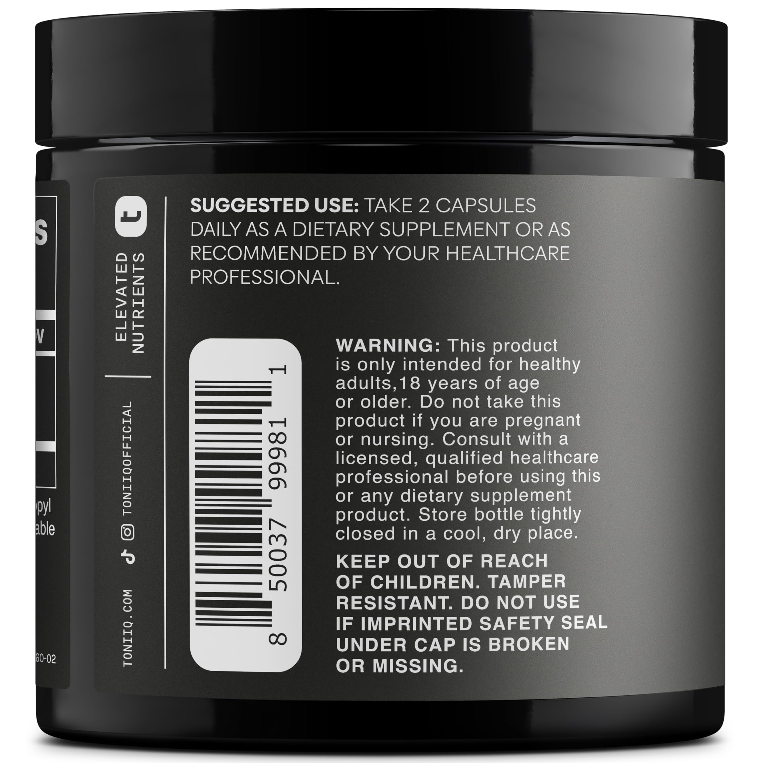 Toniiq Resveratrol capsules on white background, emphasizing high-potency supplement.
