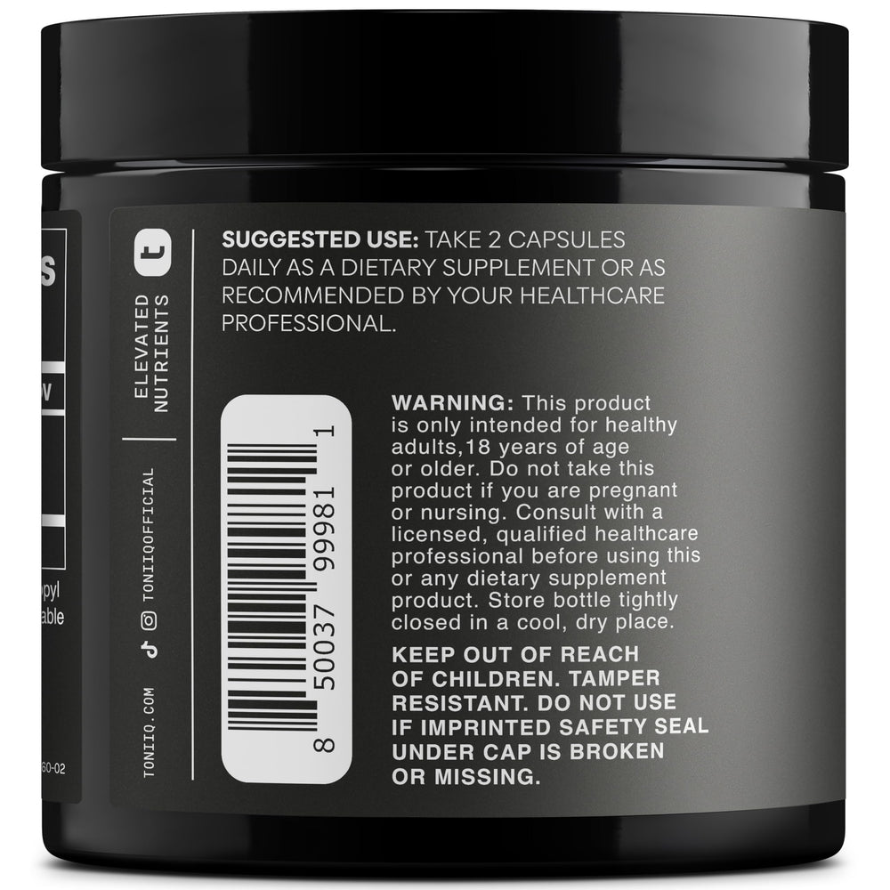 Toniiq Resveratrol capsules on white background, emphasizing high-potency supplement.