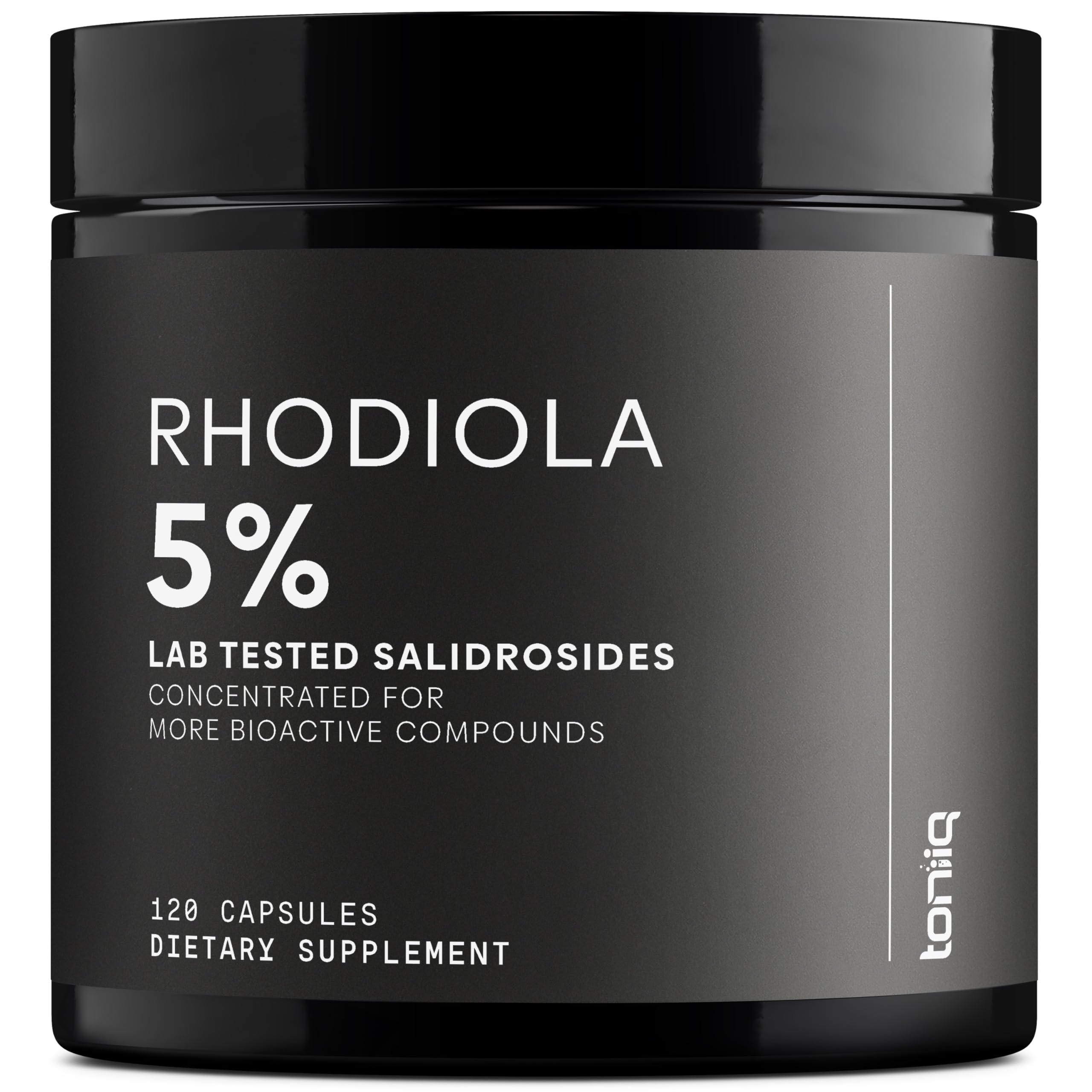 Toniiq Rhodiola 600mg bottle emphasizing high-potency extract for daily energy support.