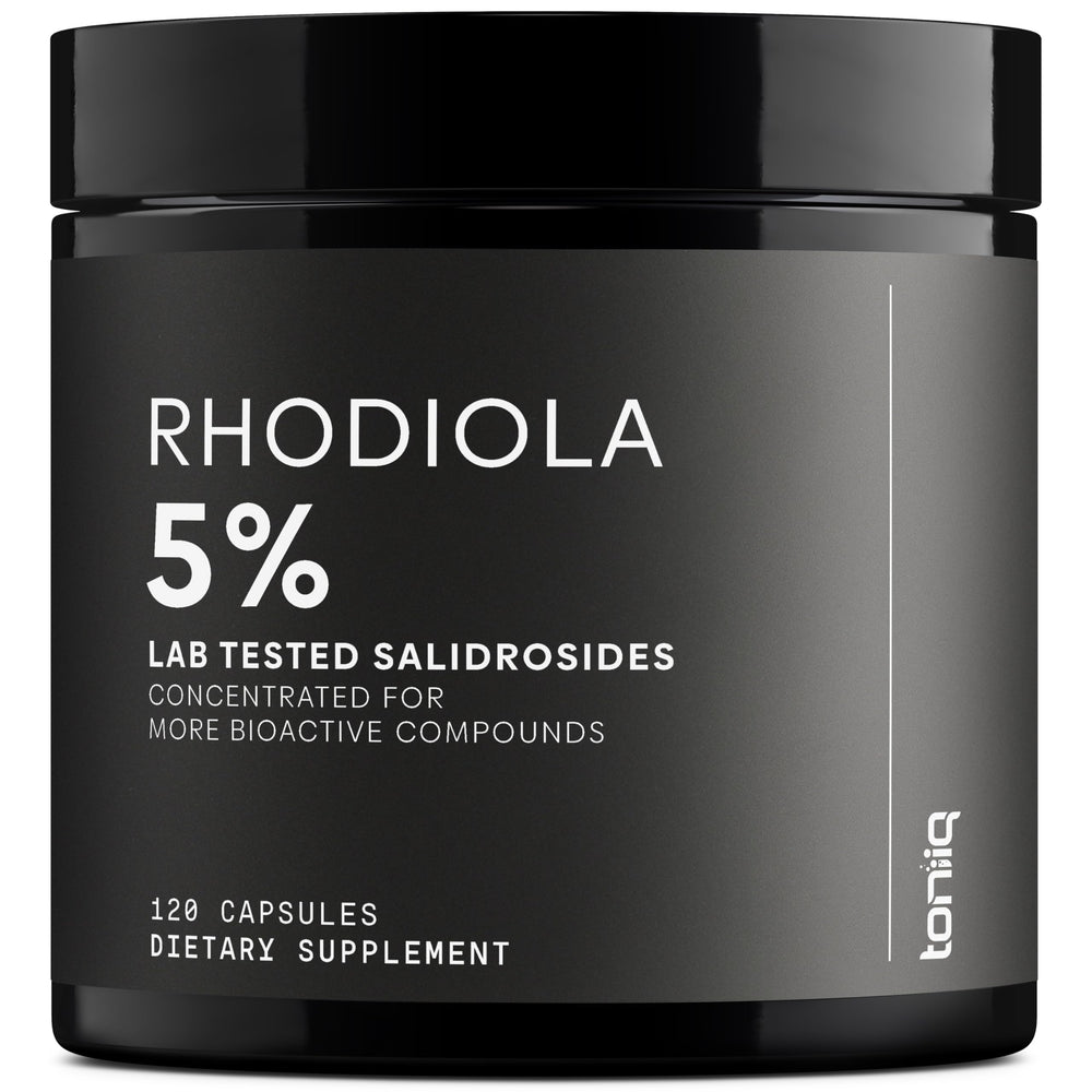 Toniiq Rhodiola 600mg bottle emphasizing high-potency extract for daily energy support.
