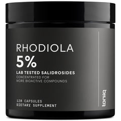 Toniiq Rhodiola 600mg bottle emphasizing high-potency extract for daily energy support.