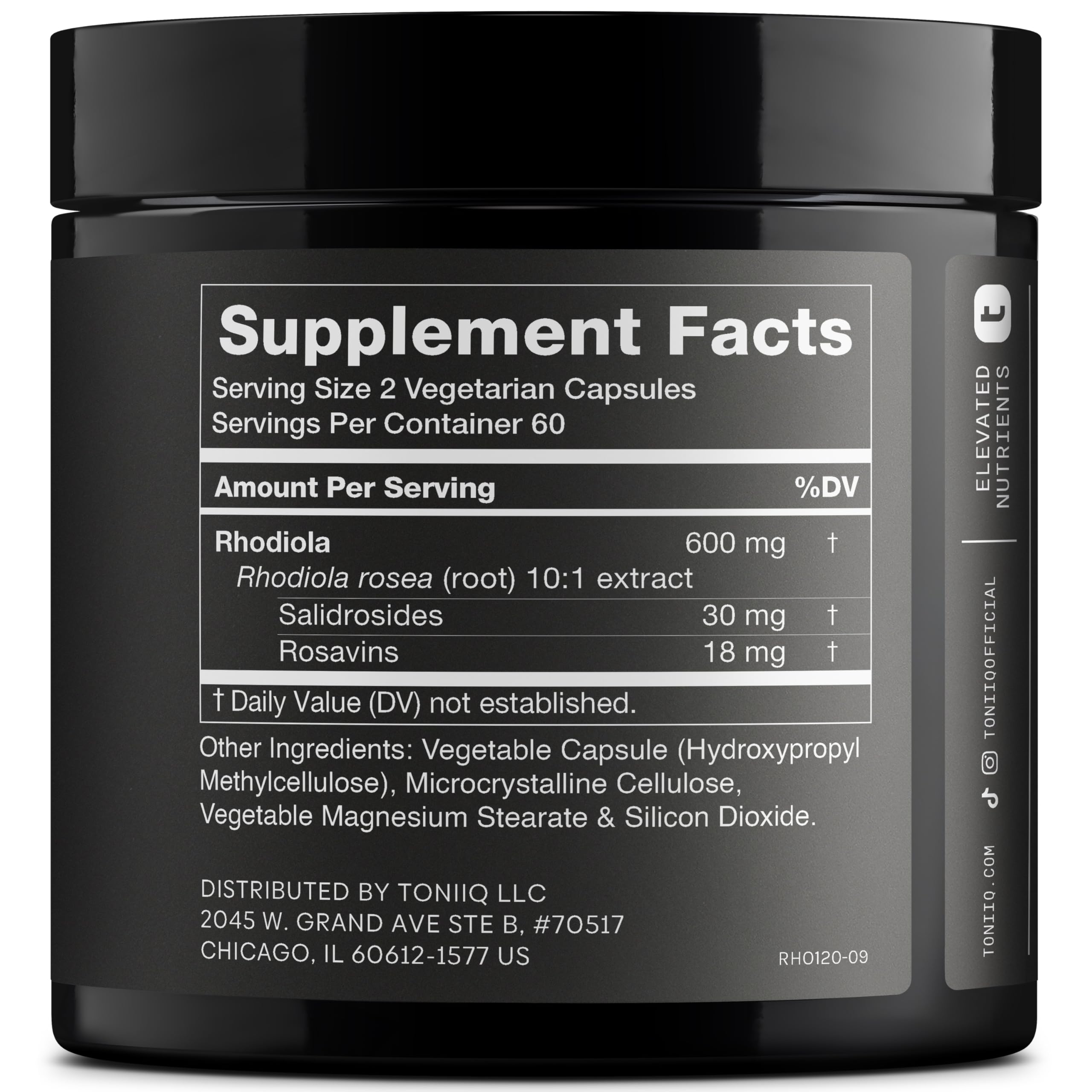 Toniiq Rhodiola capsules ready for convenient daily adaptogen support.