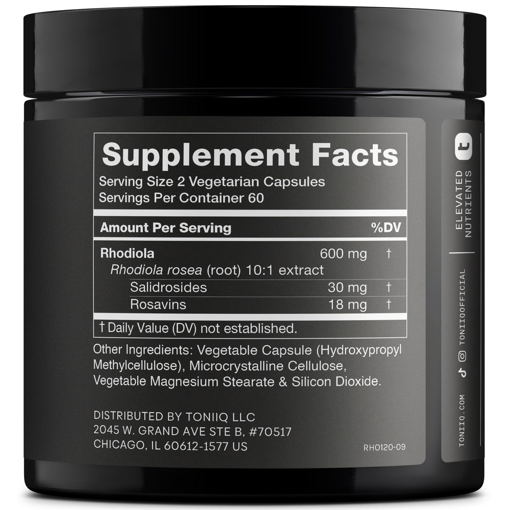 Toniiq Rhodiola capsules ready for convenient daily adaptogen support.