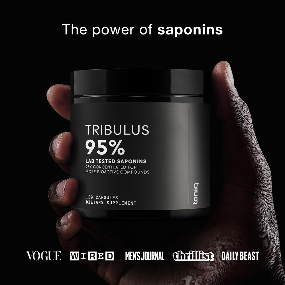 Toniiq Tribulus front label with batch details and GMP promise.
