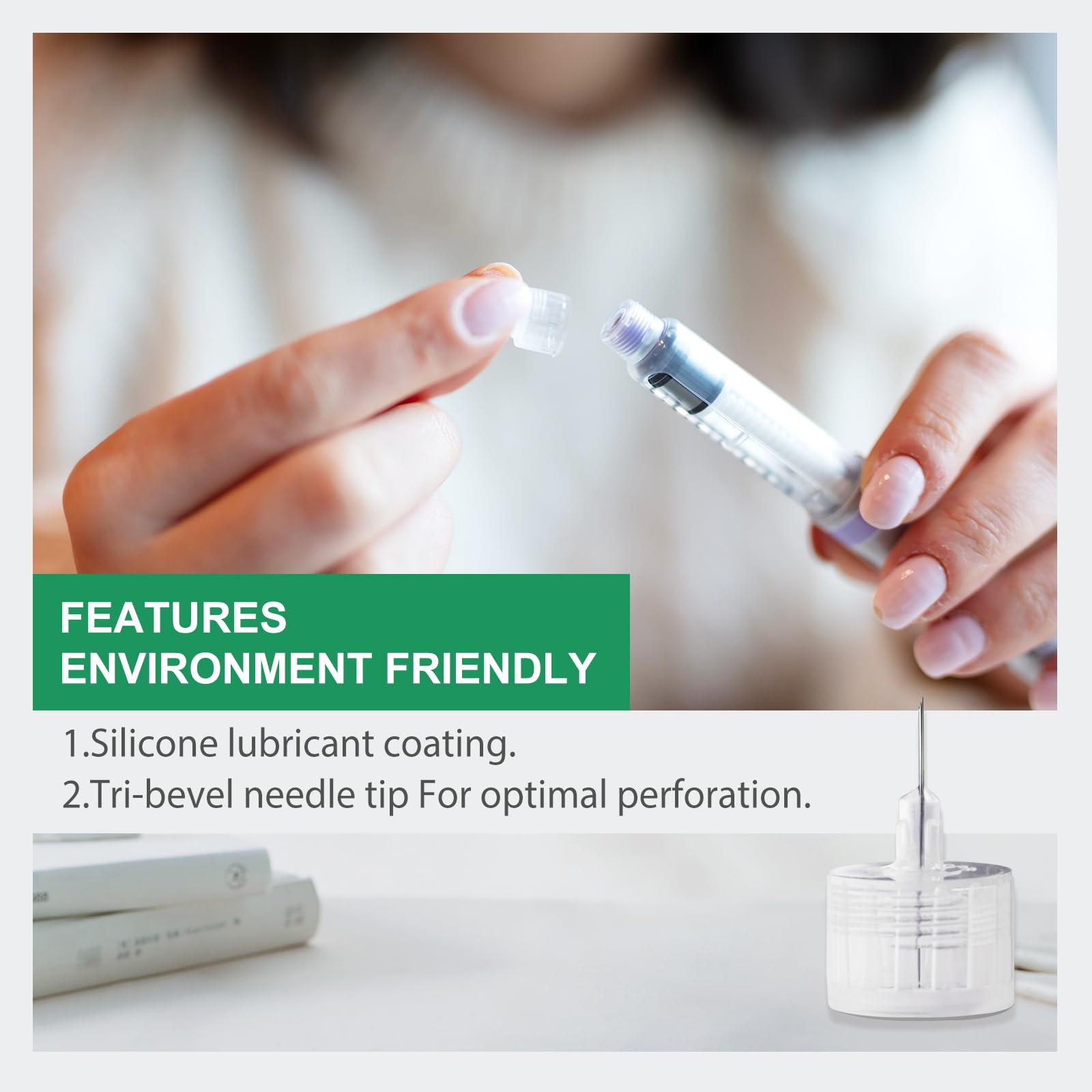 TonmiCare silicone-lubricated tip image illustrates reduced injection discomfort.