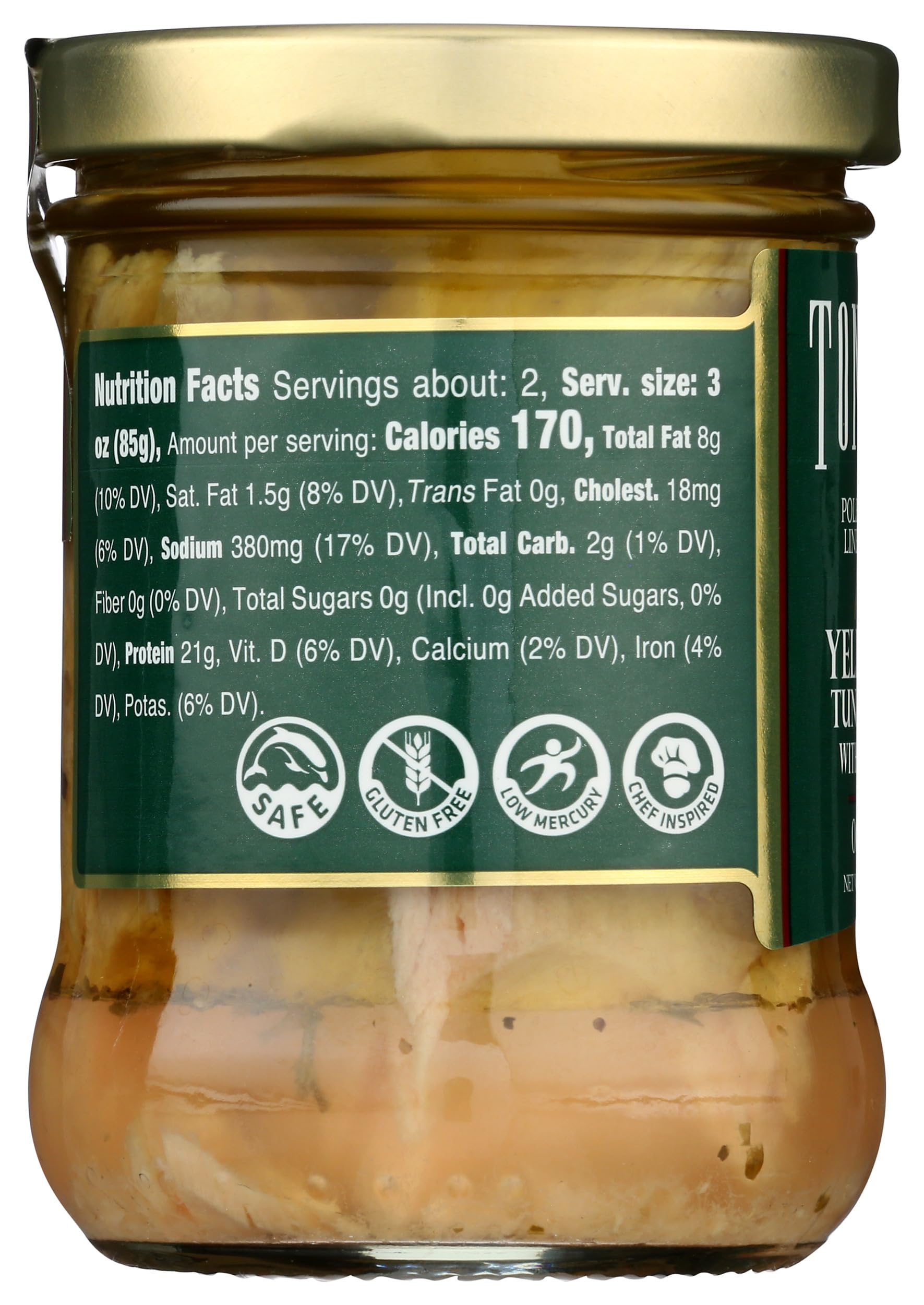 Close-up of Tonnino can label emphasizing sustainably sourced tuna and gluten-free recipe.