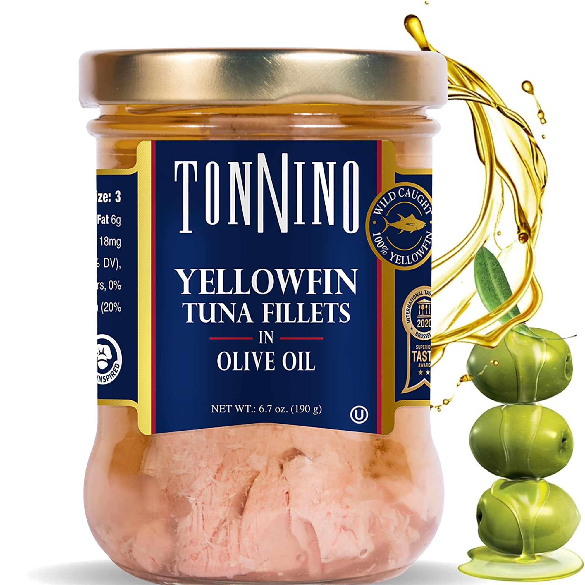 Tonnino Yellowfin Tuna in olive oil glass jar for ready-to-eat meals.