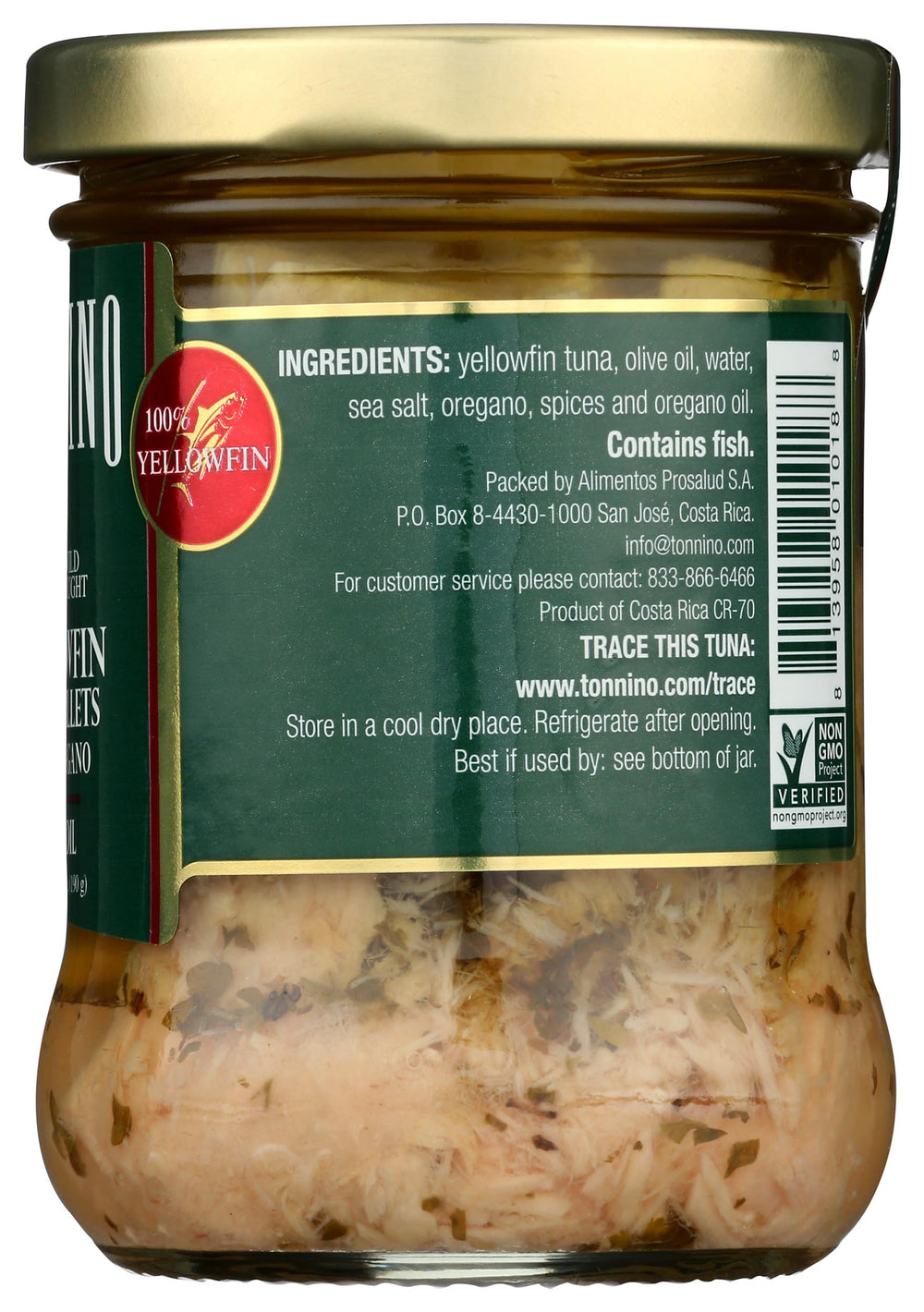 Tonnino Yellowfin Tuna pack on kitchen counter showing non-GMO, preservative-free quality.