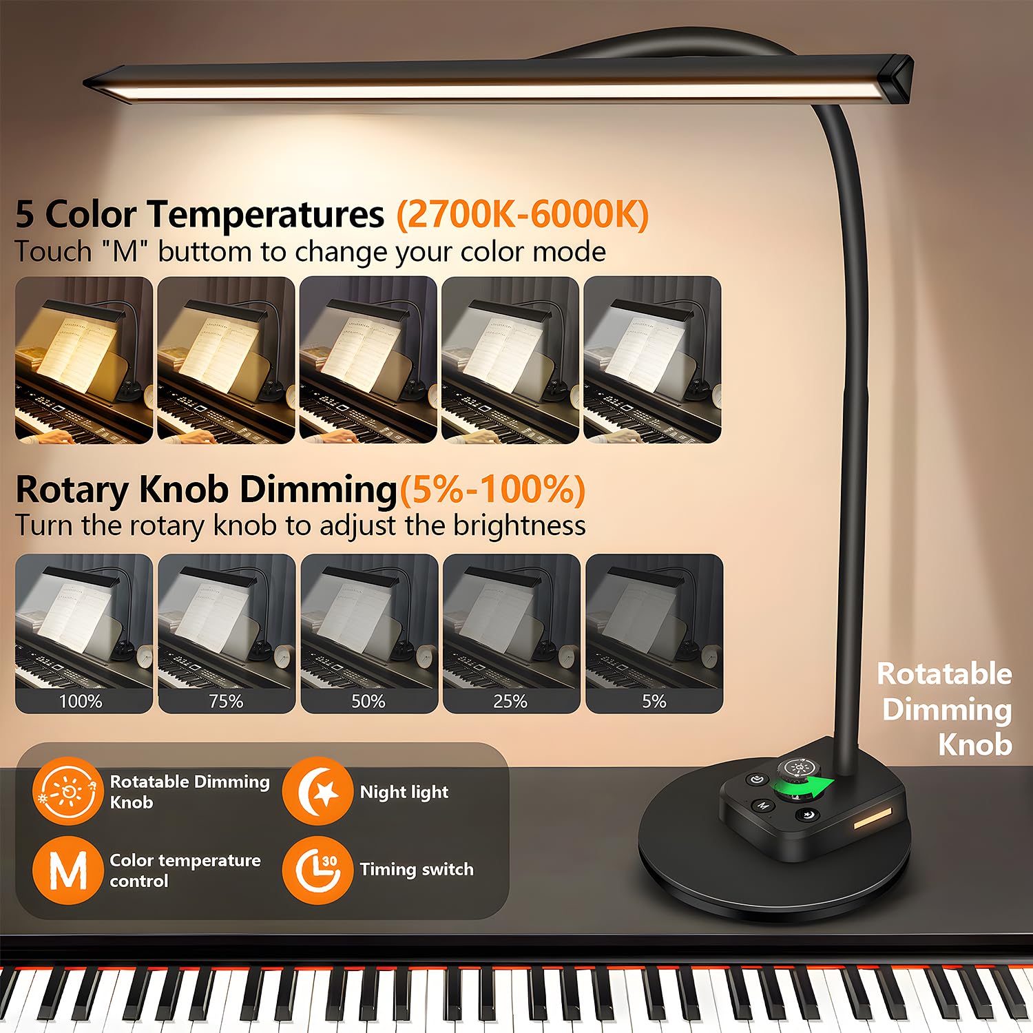 TonyEst piano light gooseneck enables flexible height and angle for sheet music.