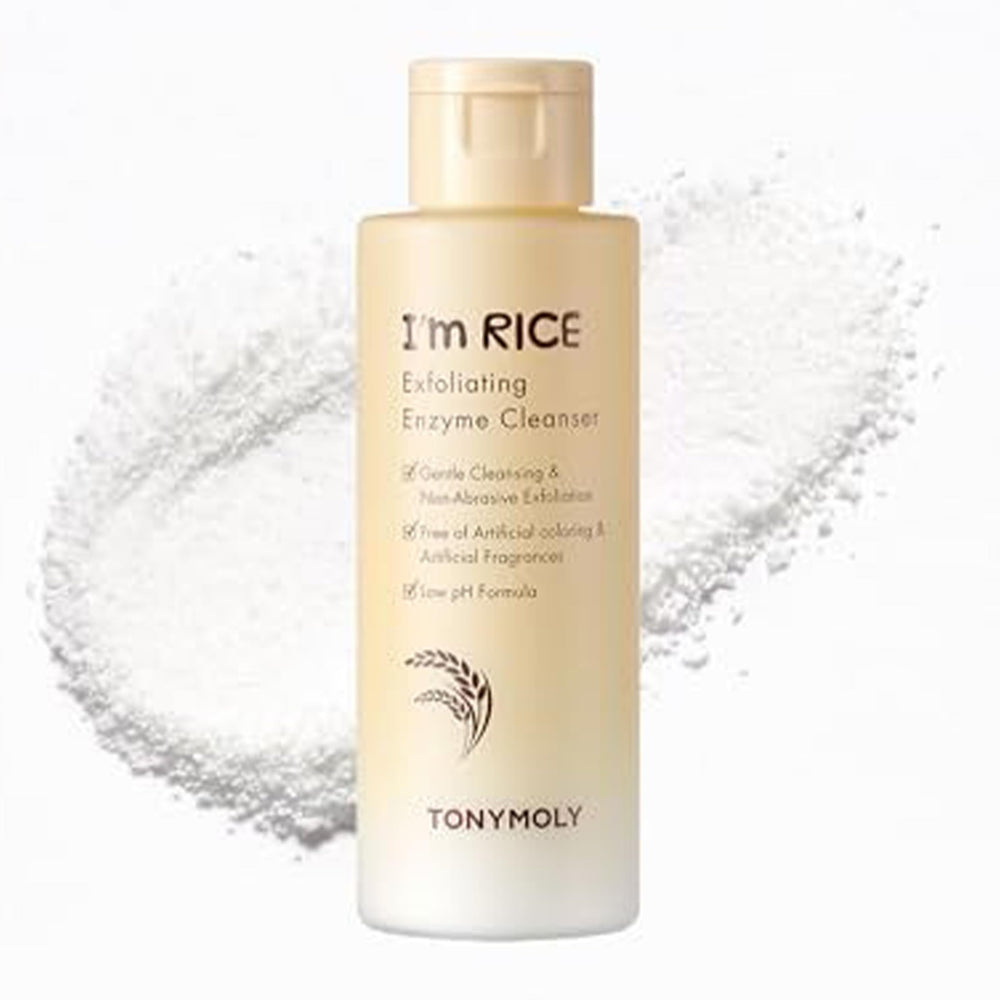 TONYMOLY I'm Rice Exfoliating Cleanser powder being poured for a gentle exfoliation.