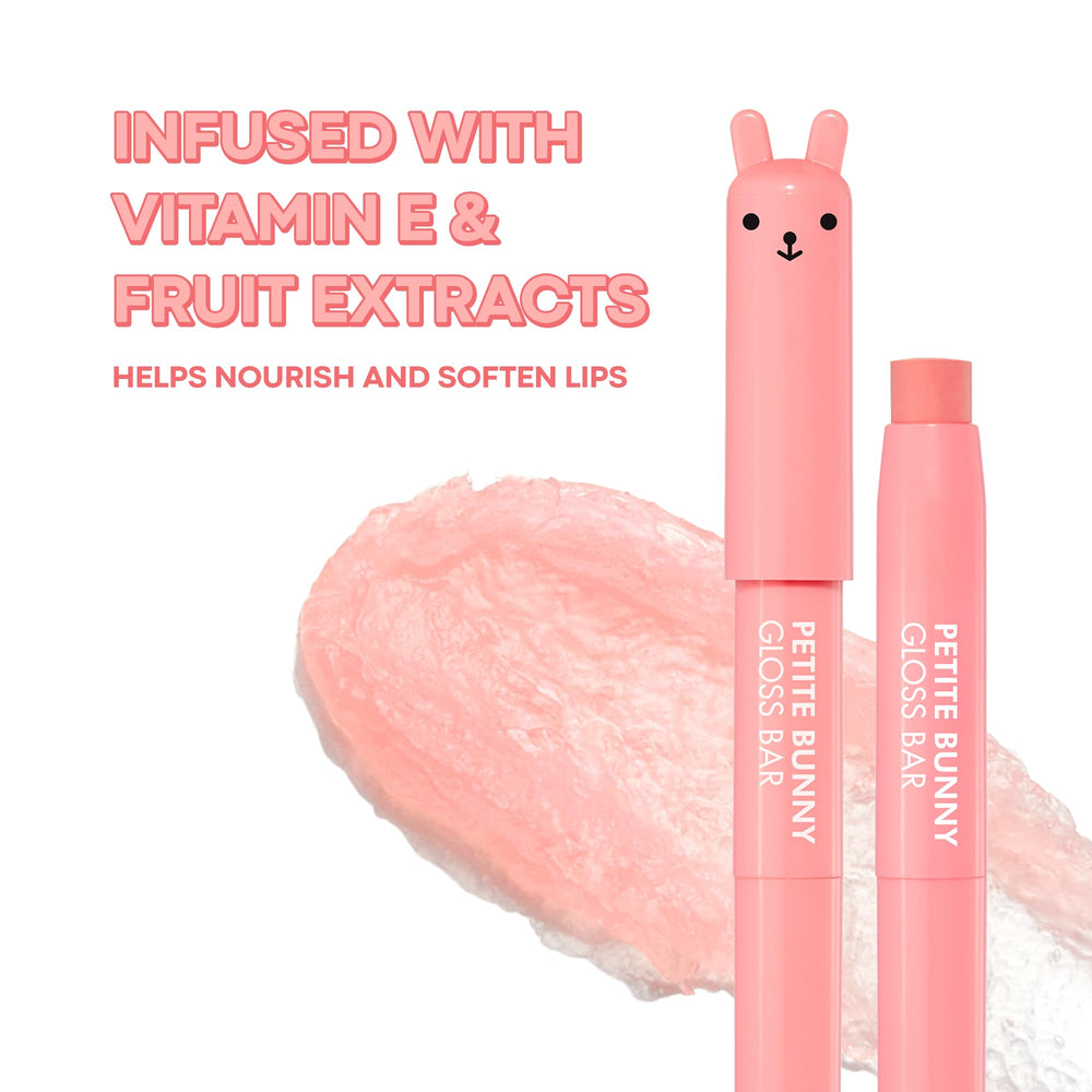 TONYMOLY Petit Bunny Lip Gloss peach swatch on lips for sheer color and glow