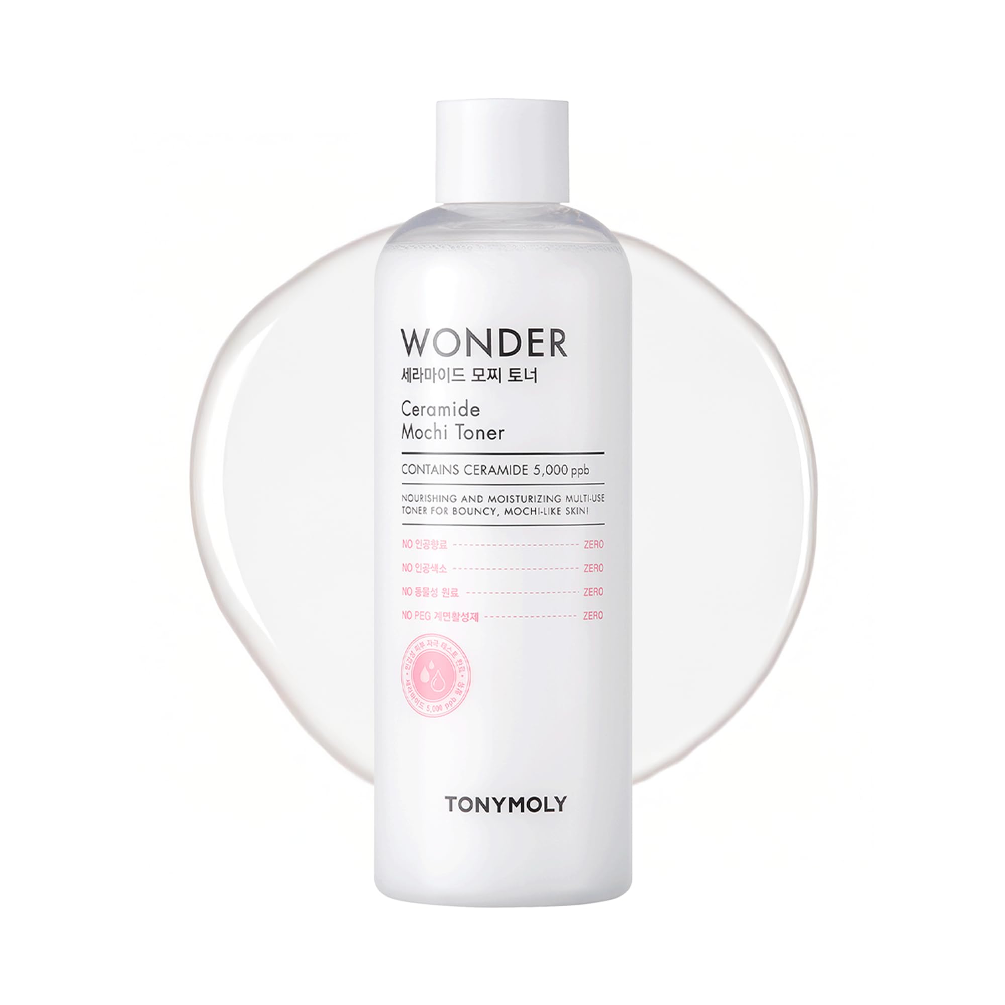TONYMOLY Wonder Ceramide Mochi Milky Toner bottle delivering deep hydration for dry skin.