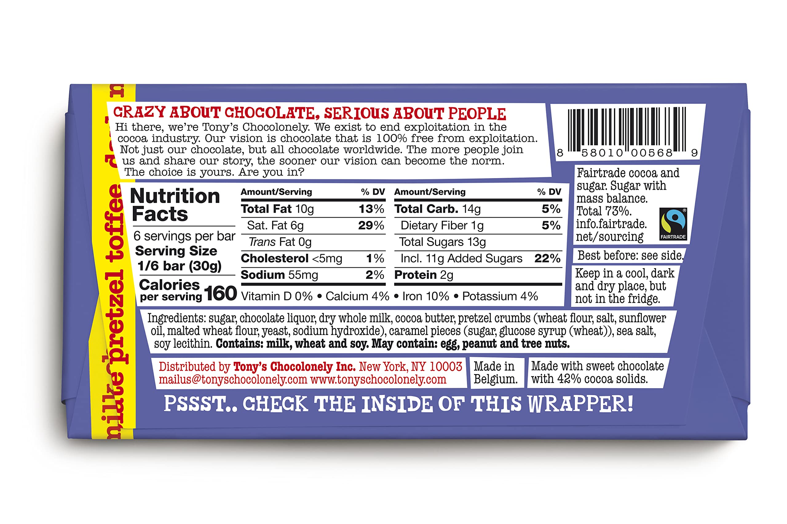 Tony's Chocolonely bar slice showing pretzel and toffee chunks for a savory-sweet bite