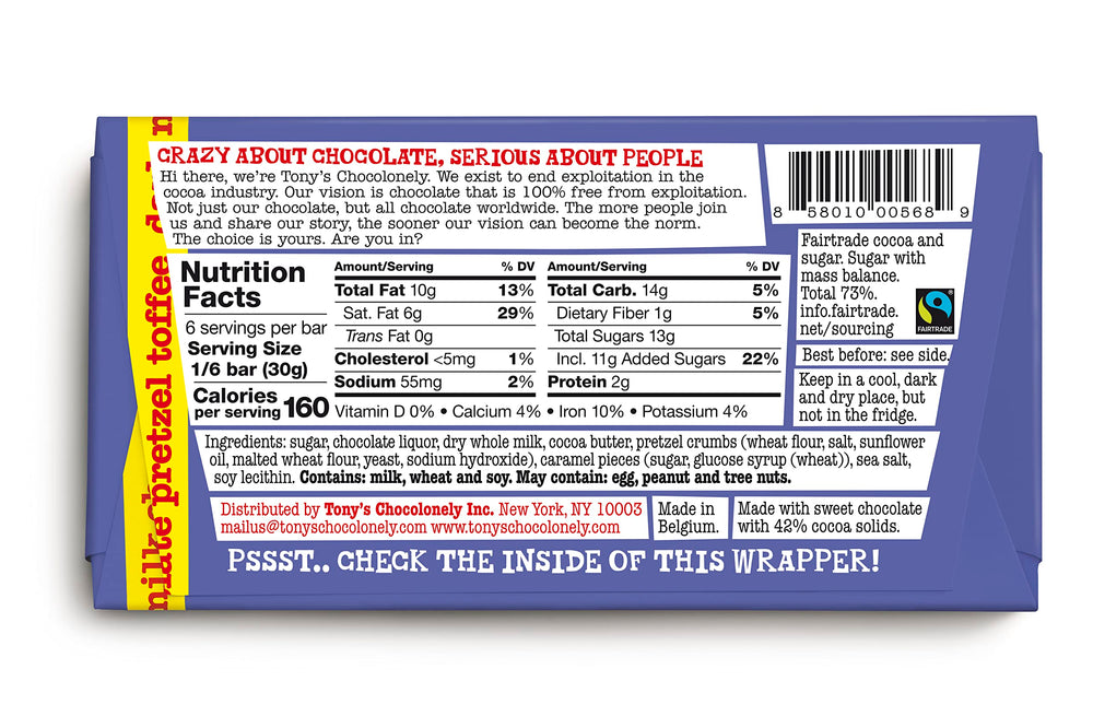 Tony's Chocolonely bar slice showing pretzel and toffee chunks for a savory-sweet bite