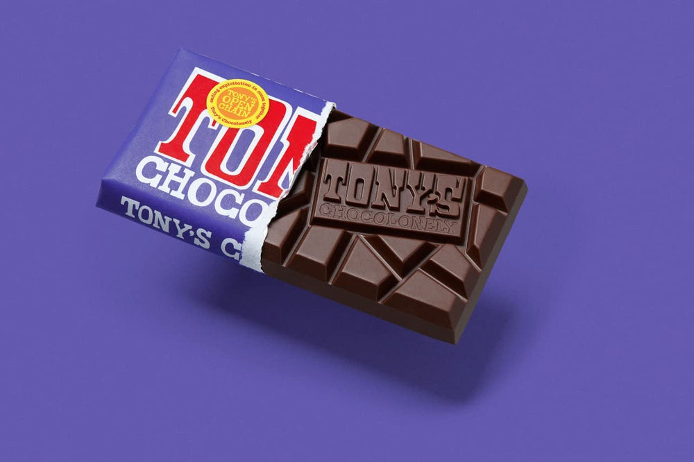 Tony's Chocolonely 6.35 oz bars arranged for gift-ready display