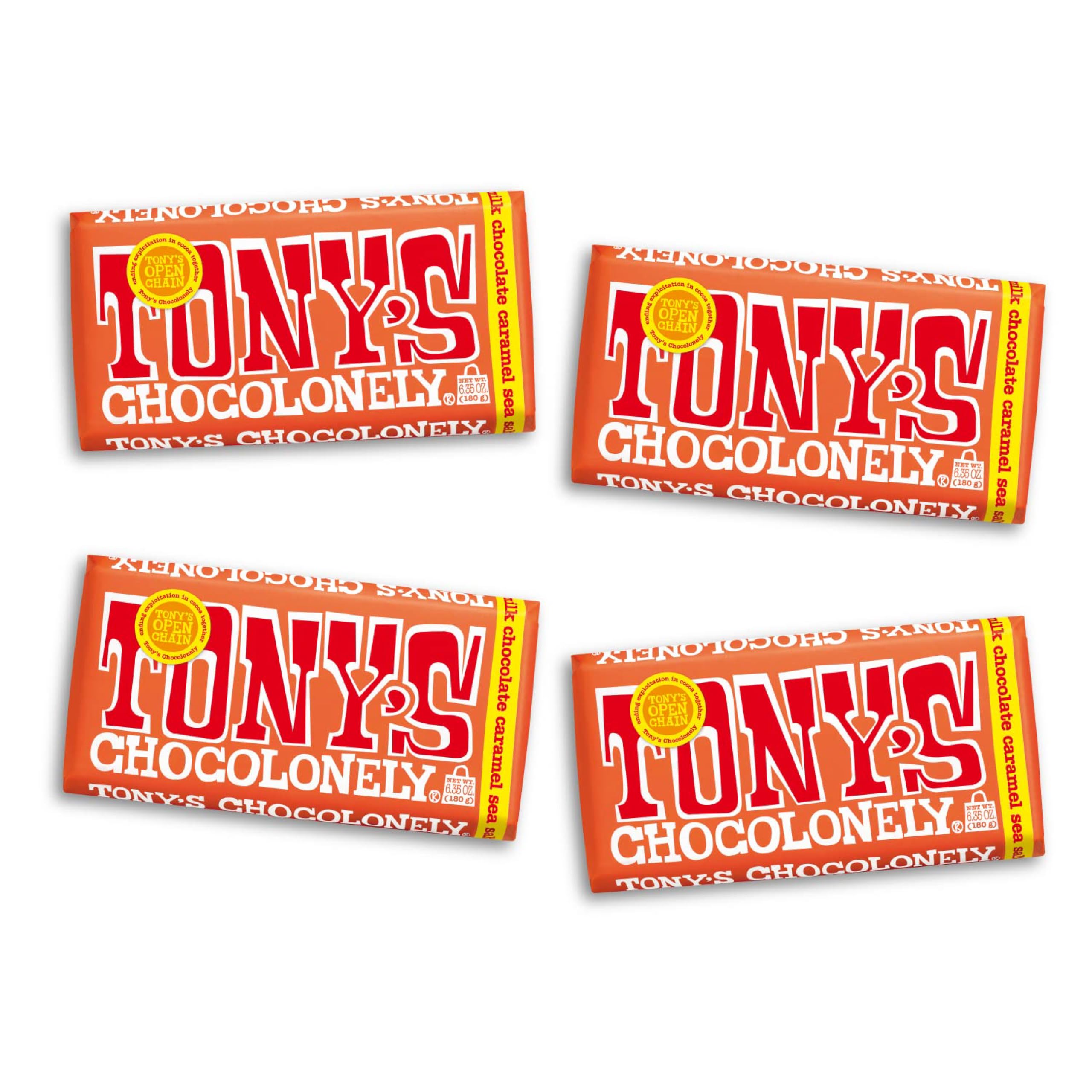 Tony's Chocolonely Milk Chocolate Bar with Caramel and Sea Salt packshot, ideal for gifting or everyday snacking