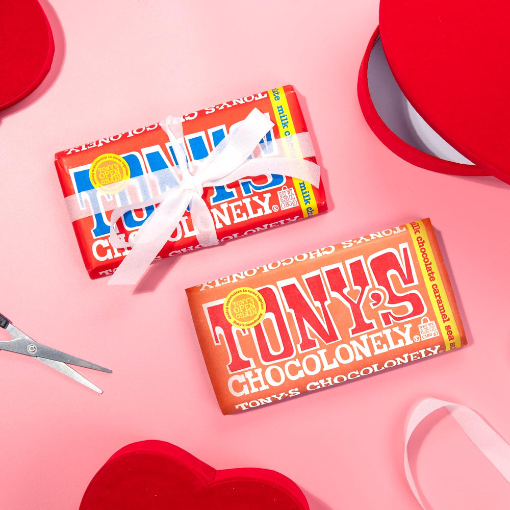 Party favors display featuring Tony's Chocolonely bars for shareable, ethical gifting