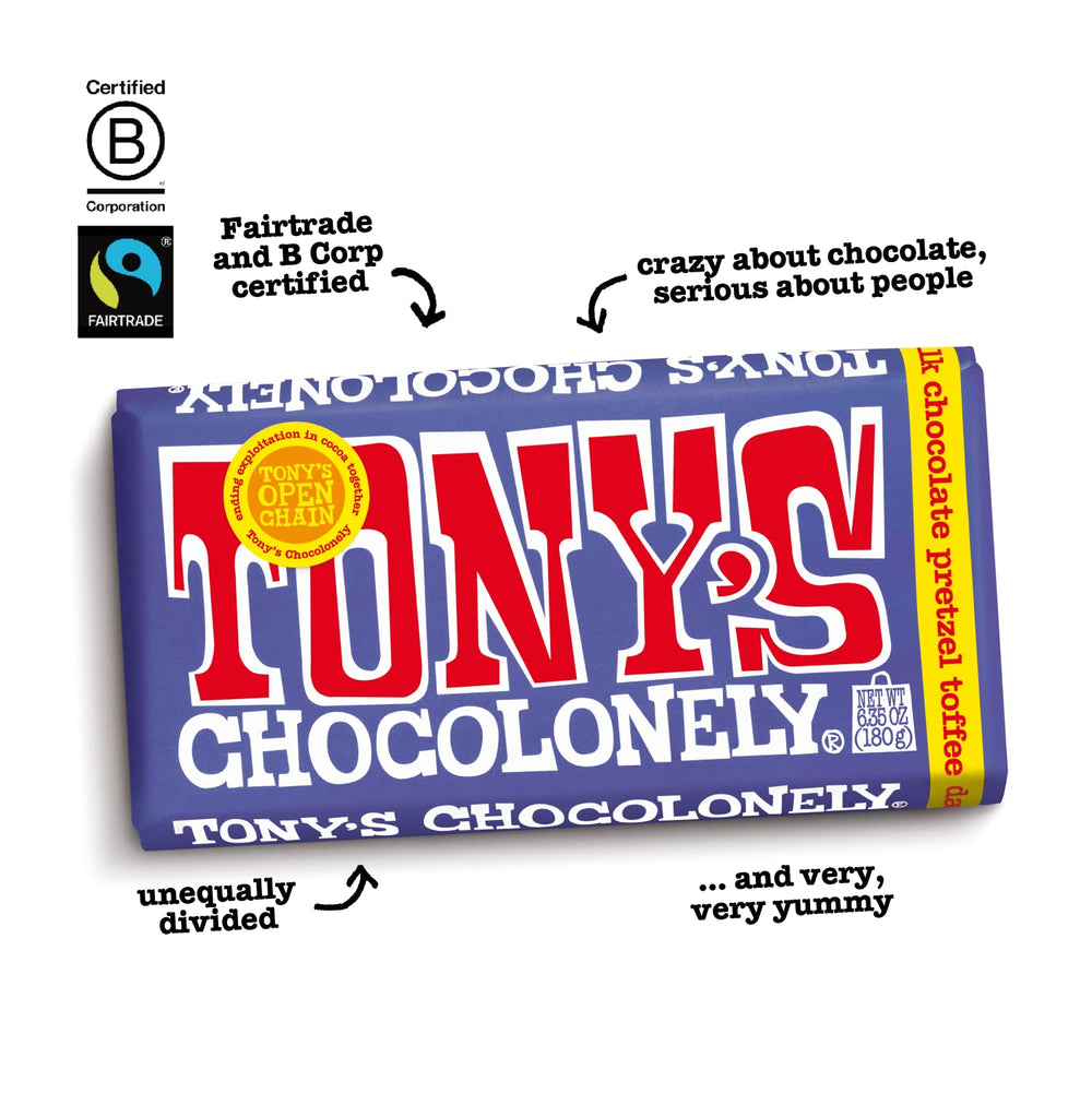 Tony's Chocolonely purple wrapper close-up highlighting fairtrade and ethical sourcing