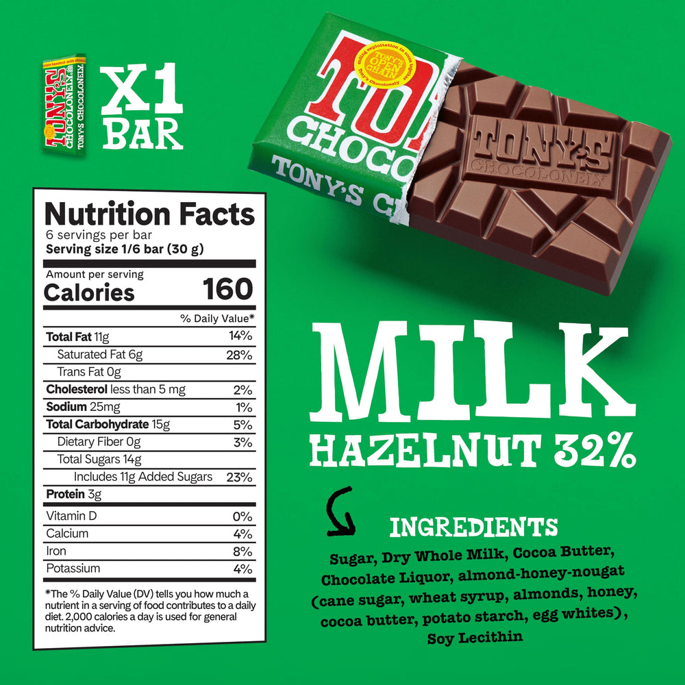 Tony's Chocolonely dark chocolate pretzel toffee bar image with crunchy pretzel.