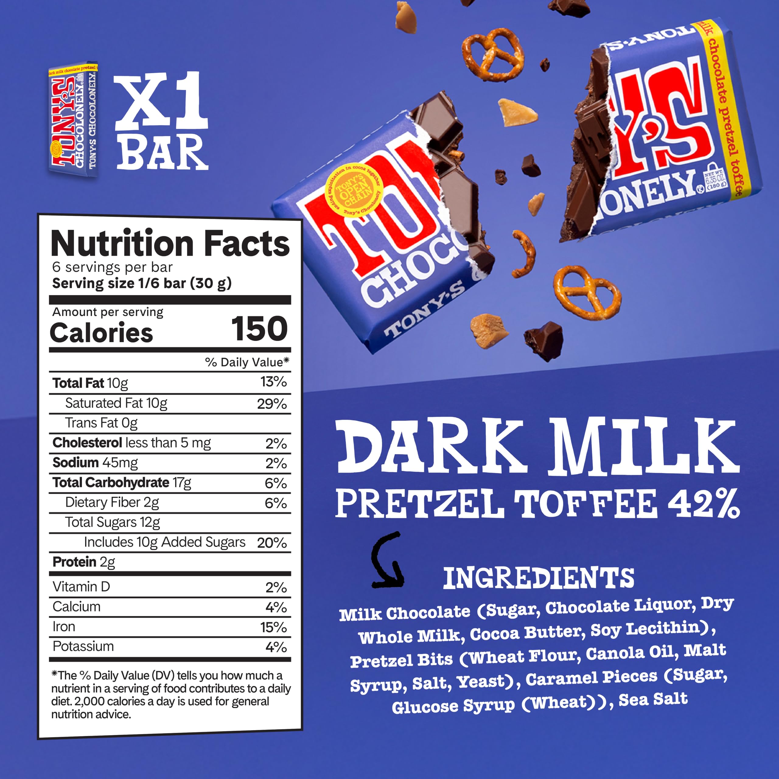 Tony's Chocolonely hazelnut milk bar image with nutty crunch.