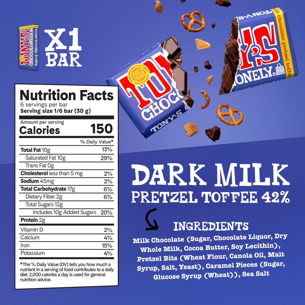 Tony's Chocolonely hazelnut milk bar image with nutty crunch.