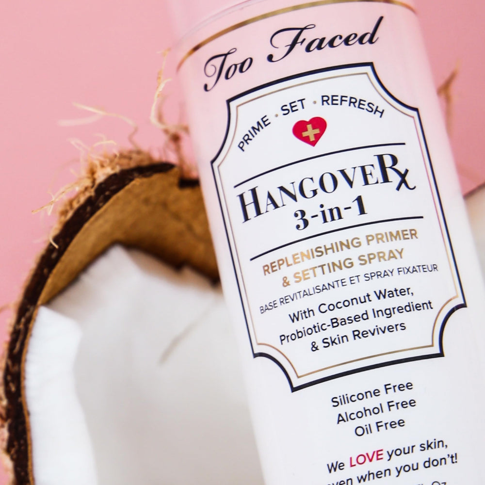 Too Faced Hangover 3-in-1 bottle used as primer before makeup for smoother canvas