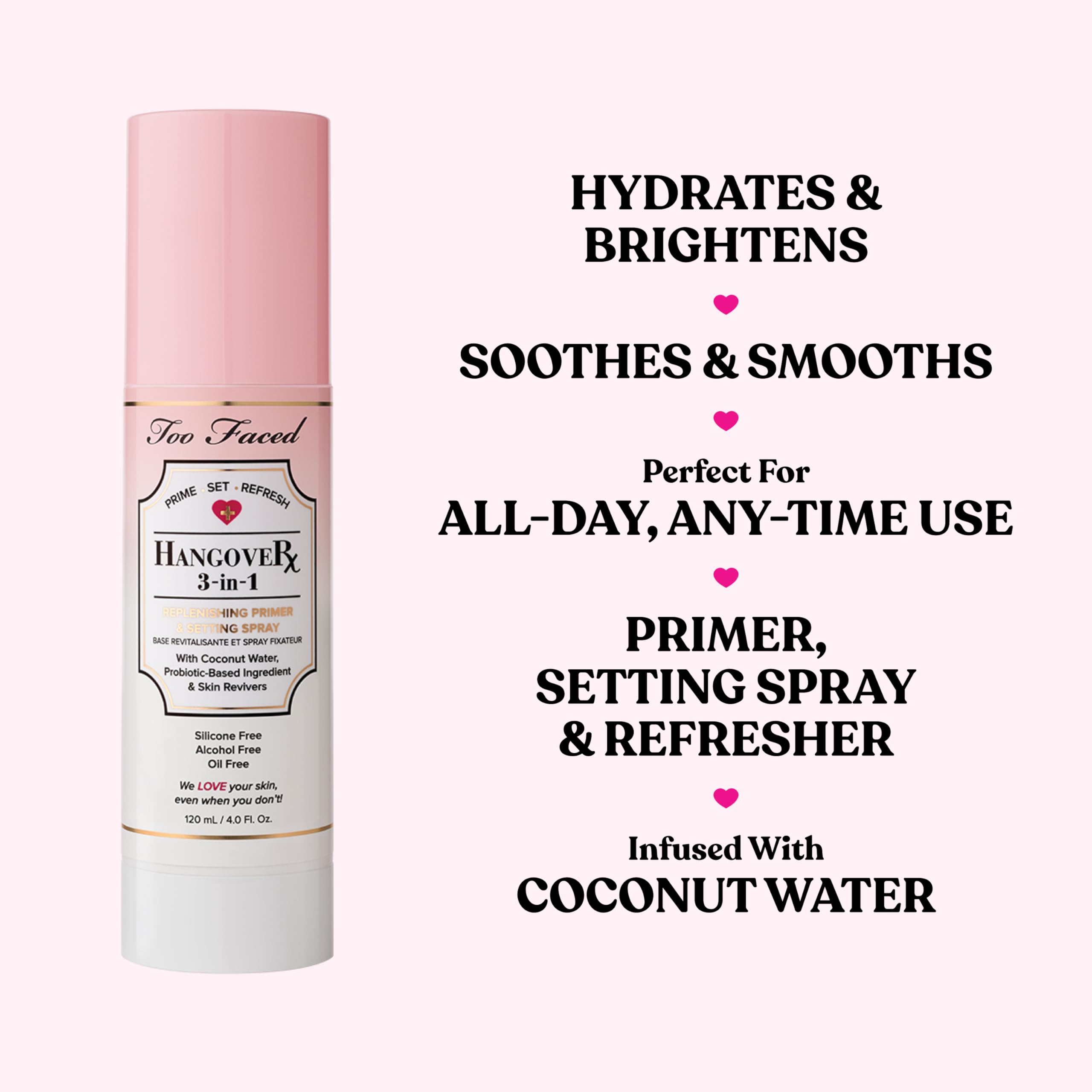 Too Faced Hangover coconut water mist on skin provides quick mid-day refresh
