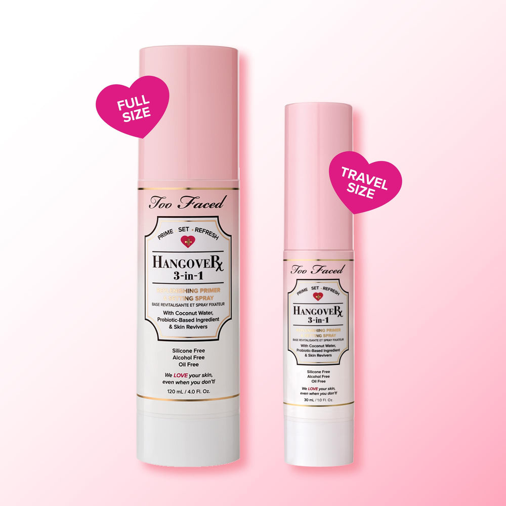 Too Faced Hangover bottle under lighting shows refreshing, cruelty-free hydration boost