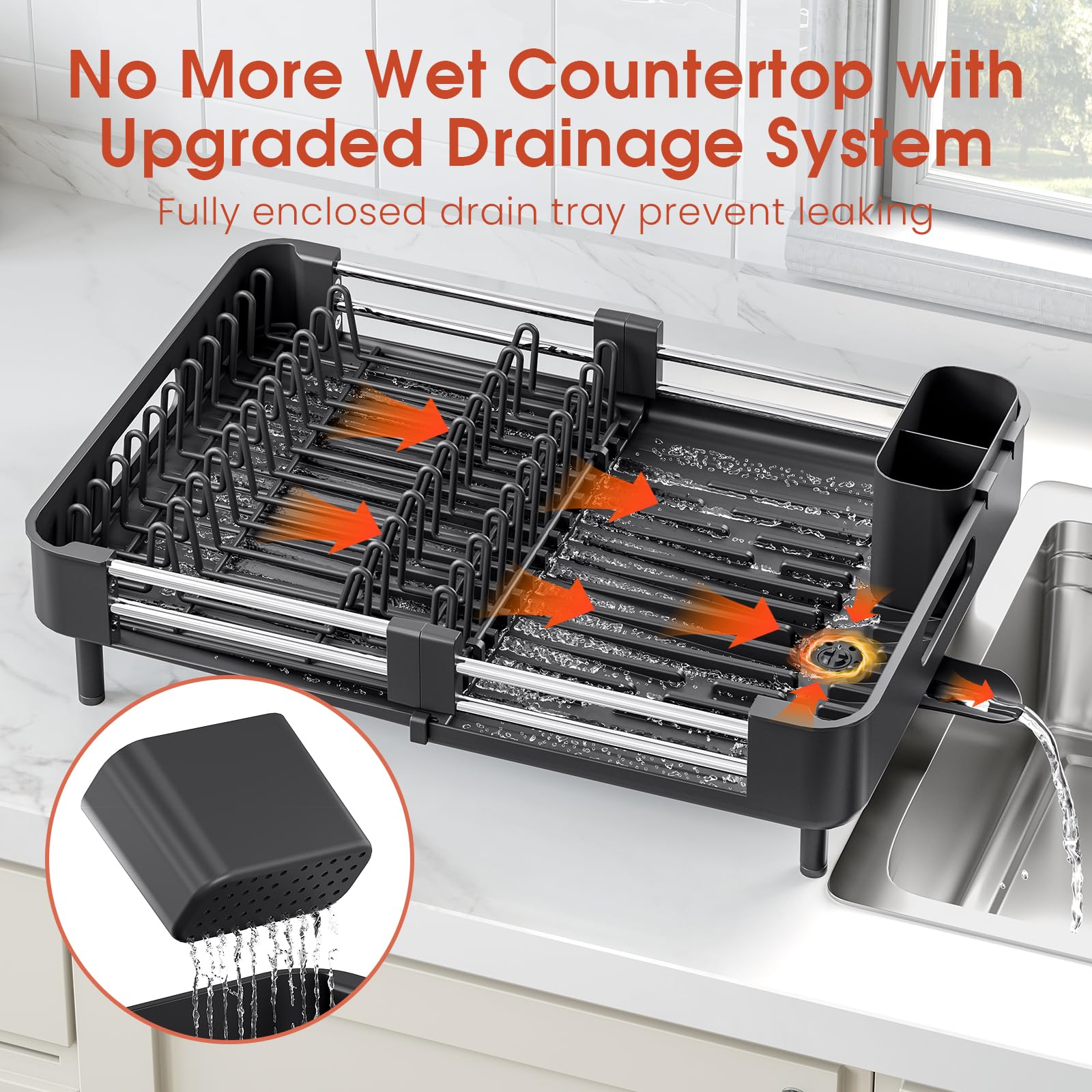 TOOLF dish rack includes detachable cutlery holder for easy cleaning.